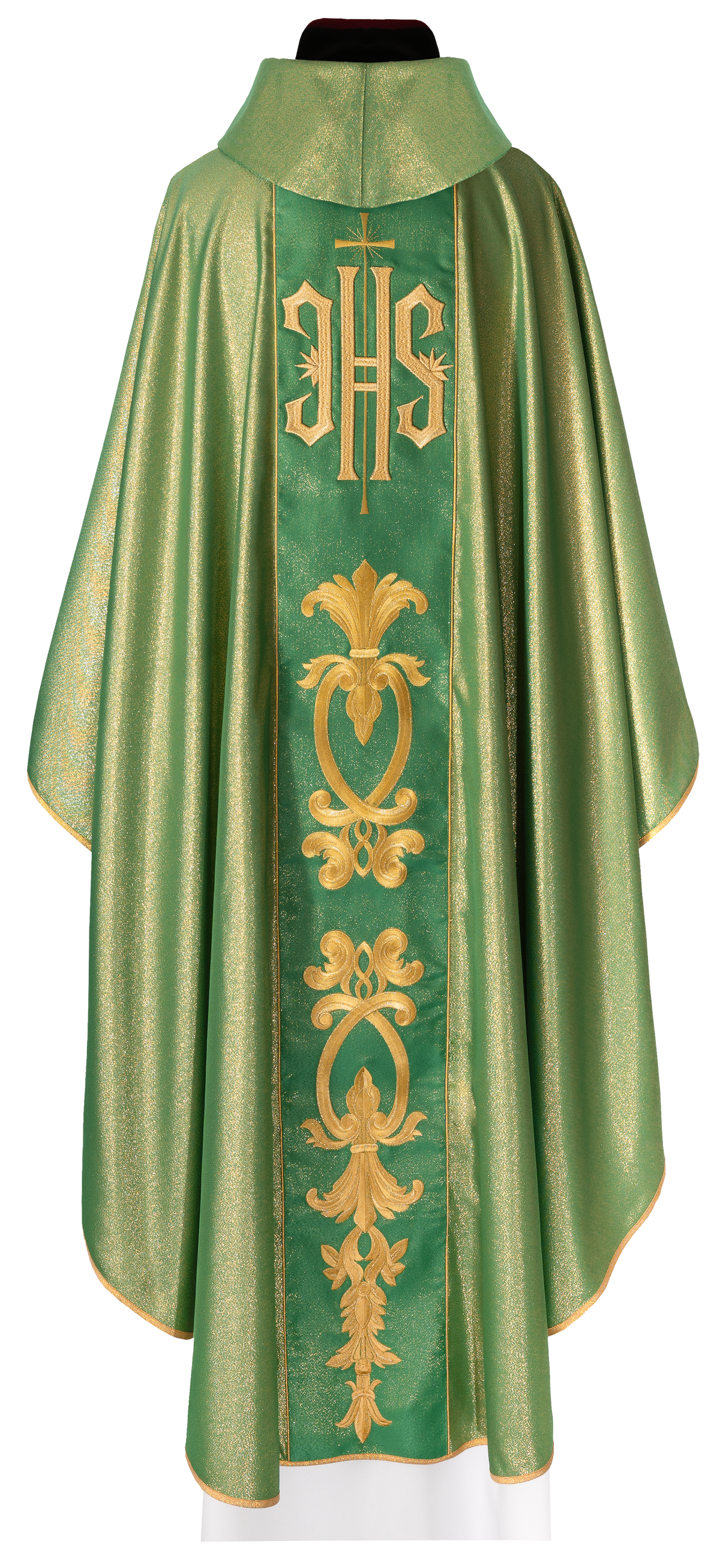 Casula verde ricamente bordada com motivo dourado e faixa larga IHS