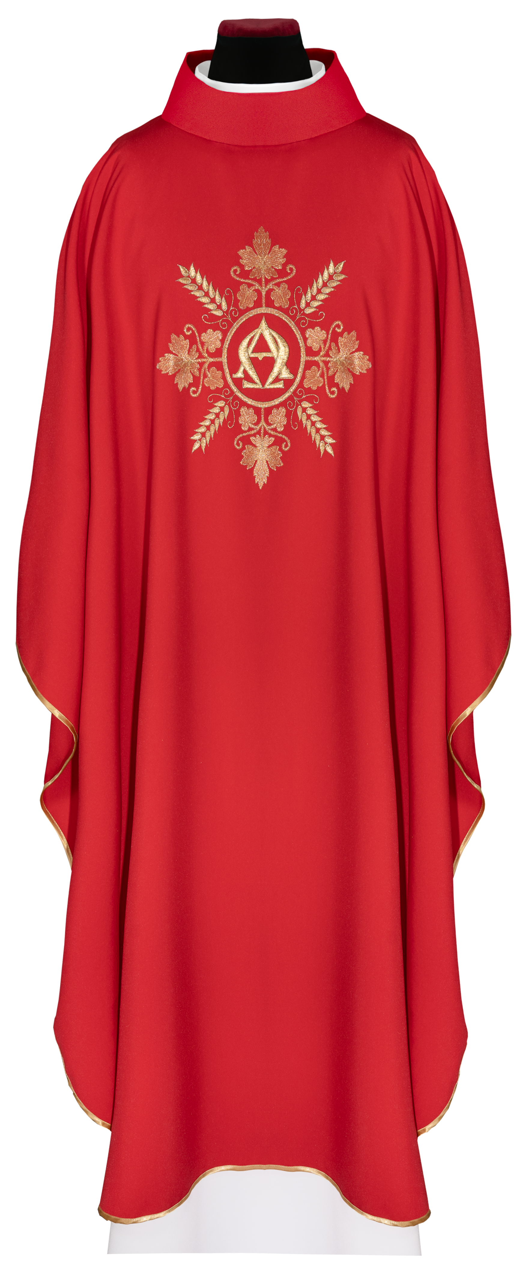 Casula bordada vermelha Alfa e Ômega com espigas - chasubles.com.br