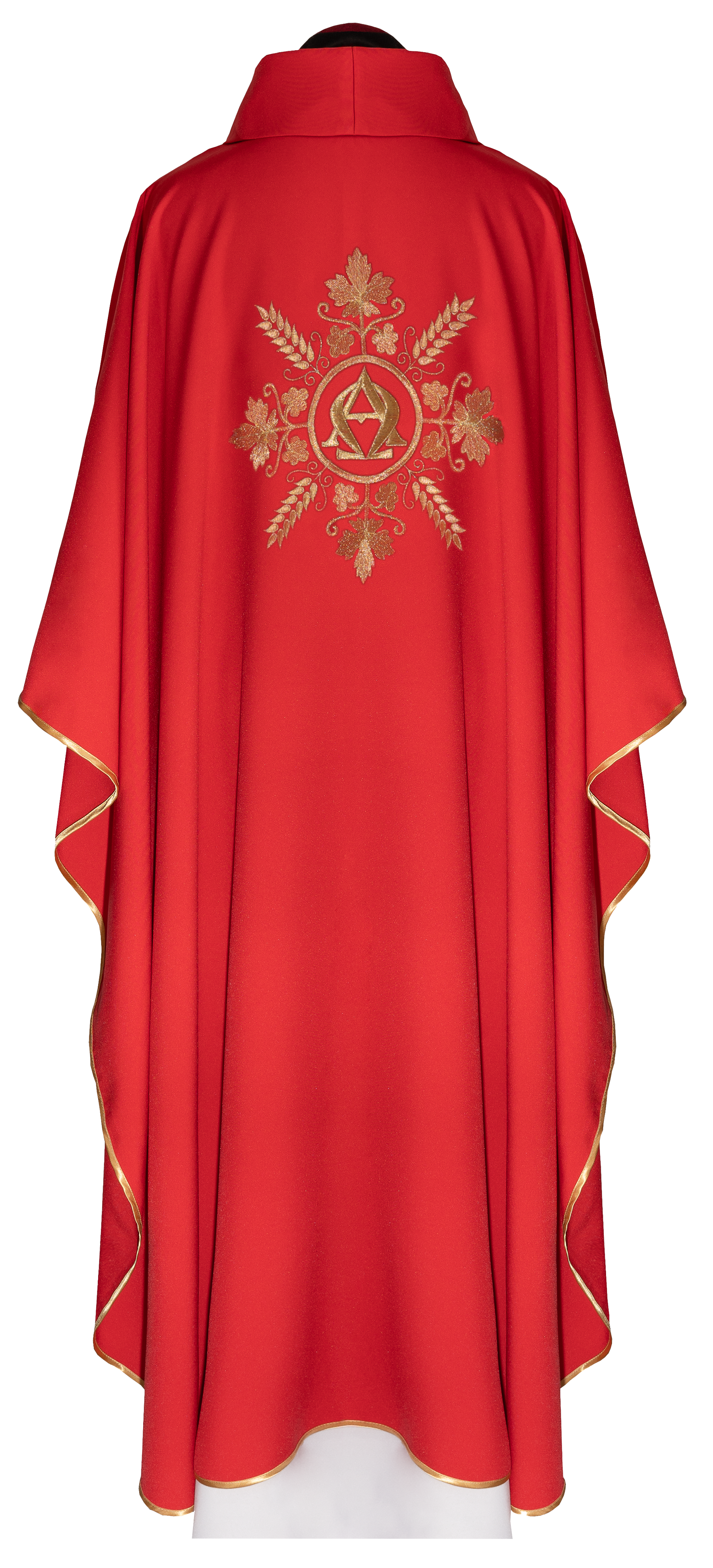 Casula bordada vermelha Alfa e Ômega com espigas - chasubles.com.br