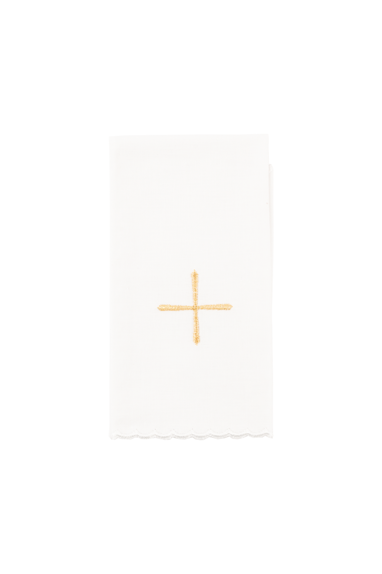 Conjunto de alfaias litúrgicas vermelho: pala de veludo com bordado de cruz rosácea sobre um cálice dourado, corporal branco com cruzes, sanguíneo e manutérgio