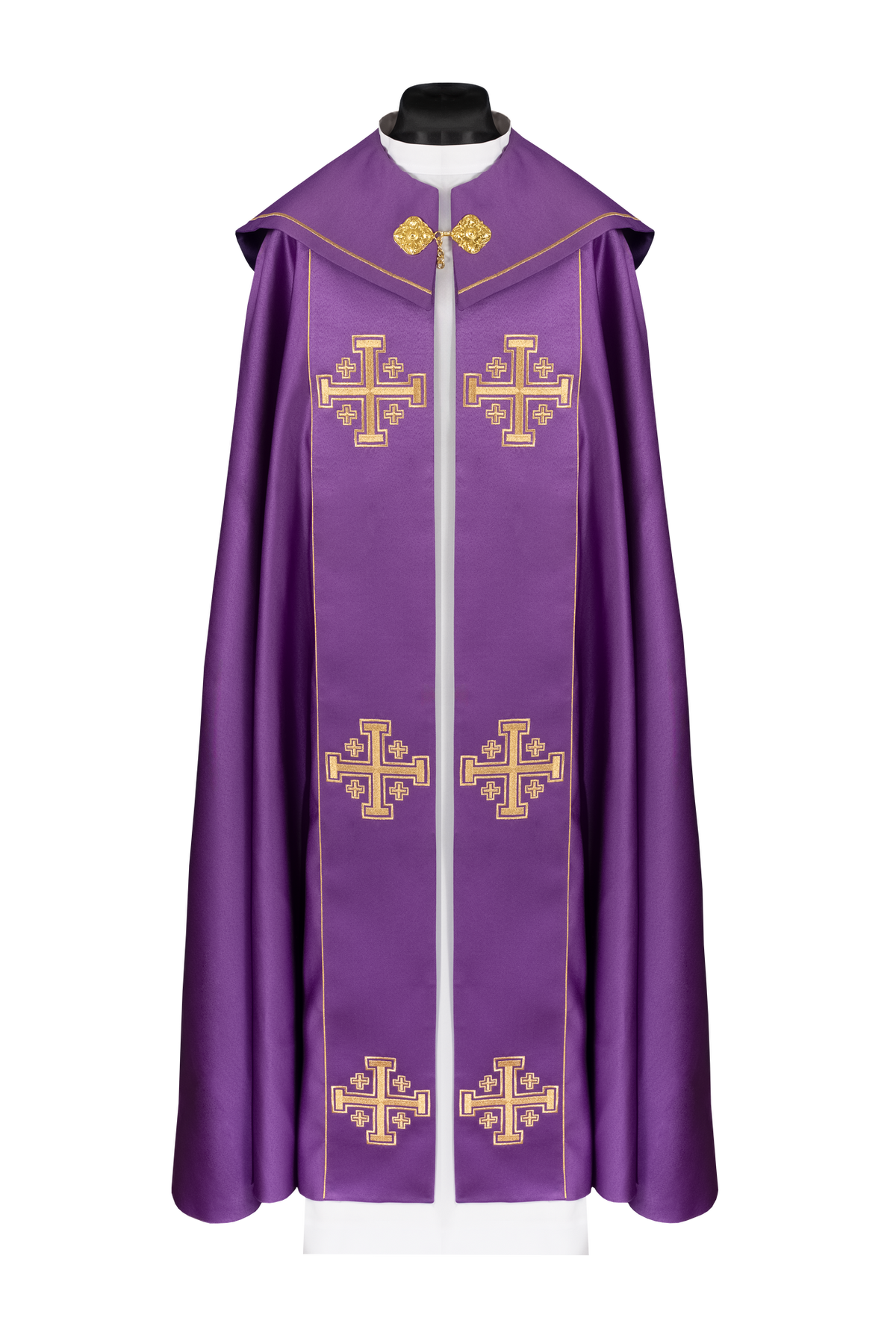 Capa de asperges litúrgica roxa com faixa e bordado de cruzes - chasubles.com.br