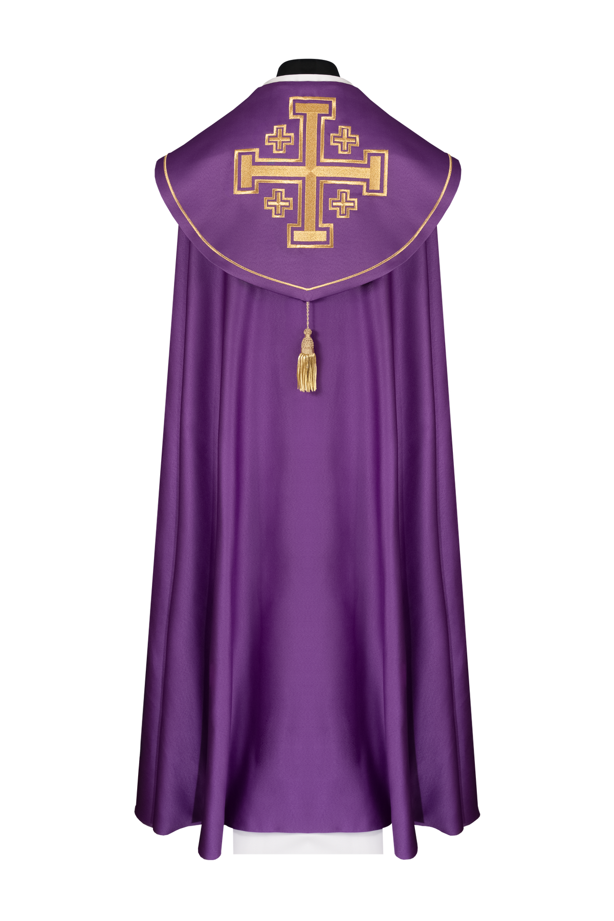 Capa de asperges litúrgica roxa com faixa e bordado de cruzes - chasubles.com.br
