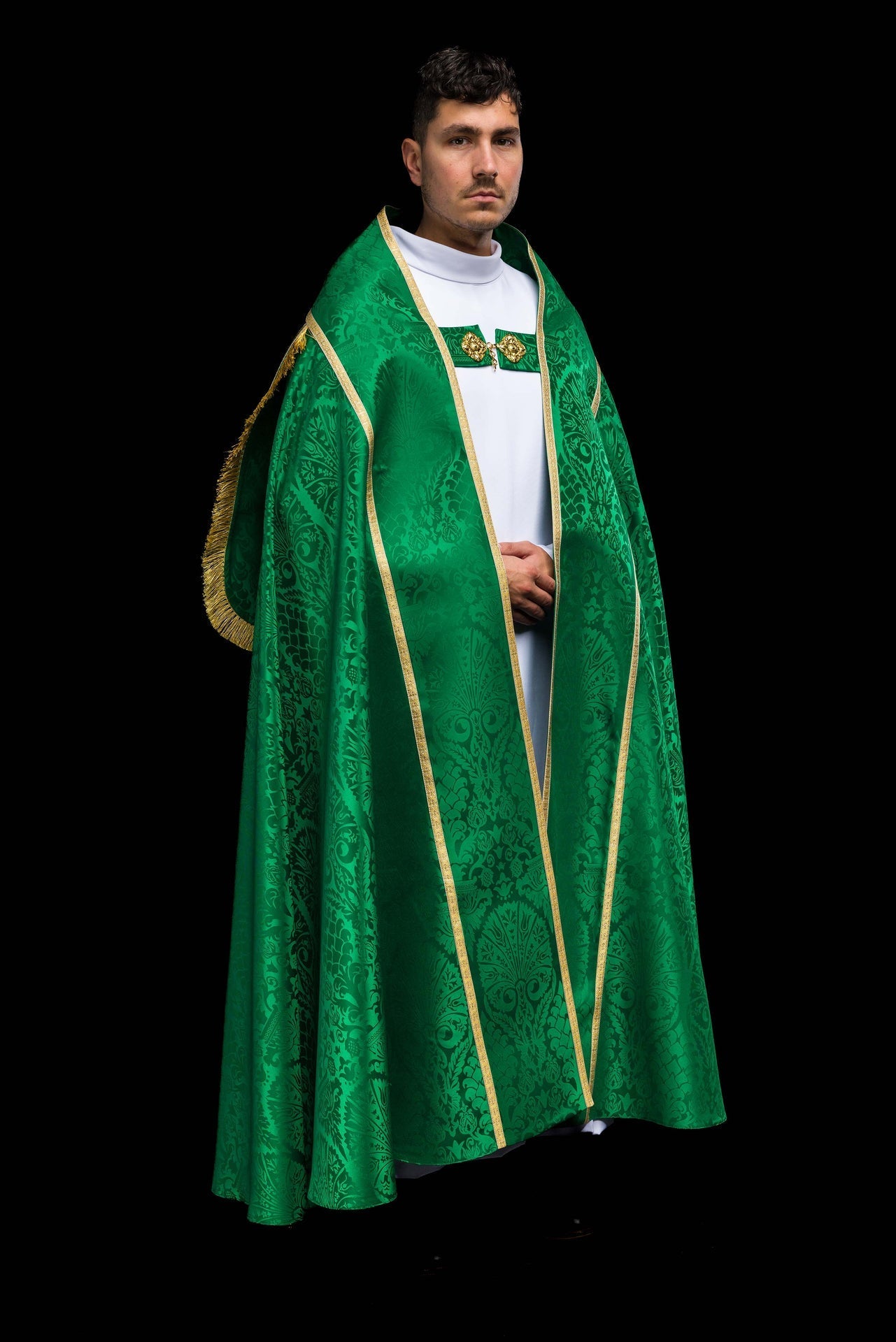 Capa de asperges romana em jacquard verde - chasubles.com.br