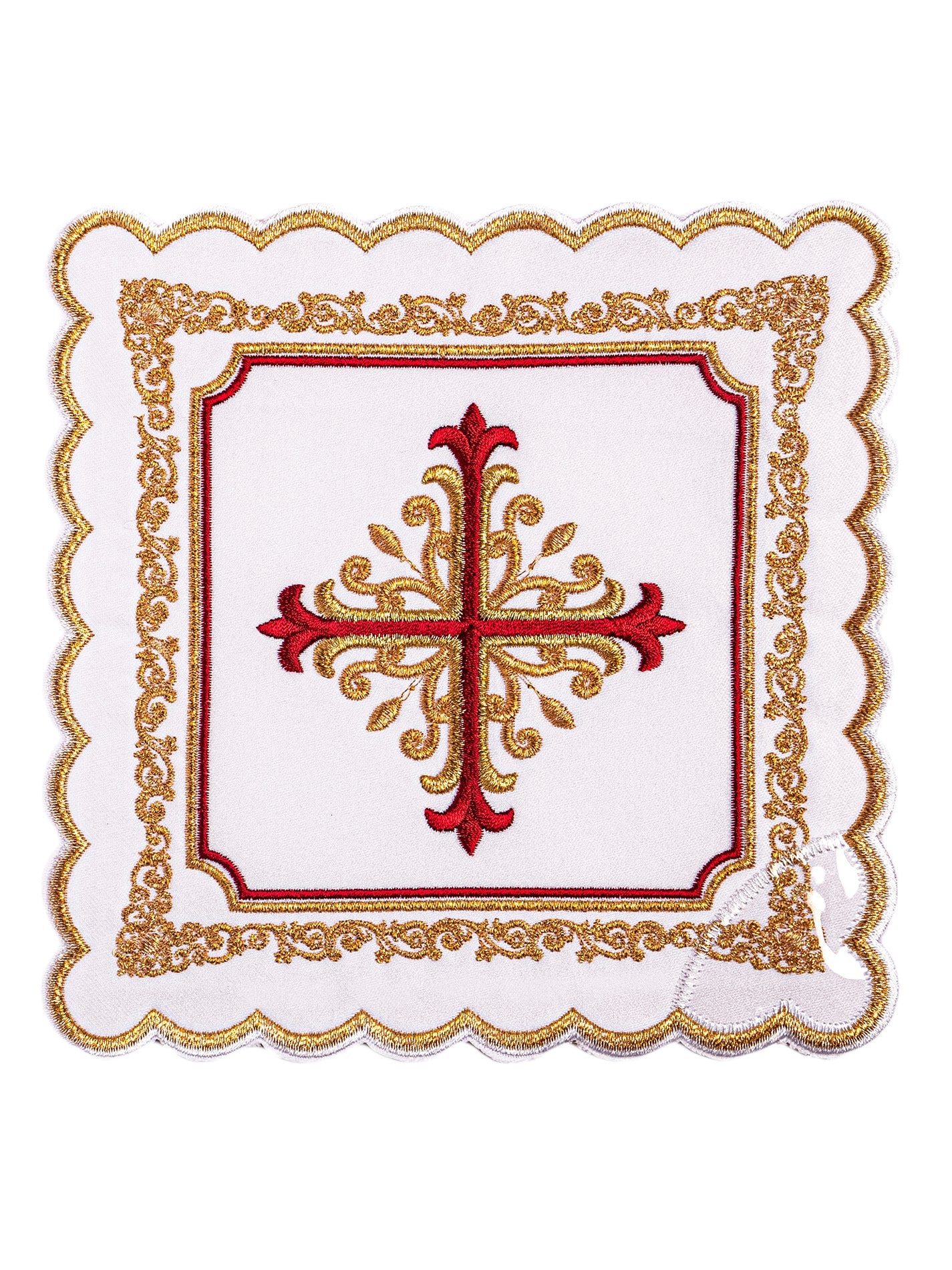 Conjunto de alfaias litúrgicas com bordado dourado e vermelho