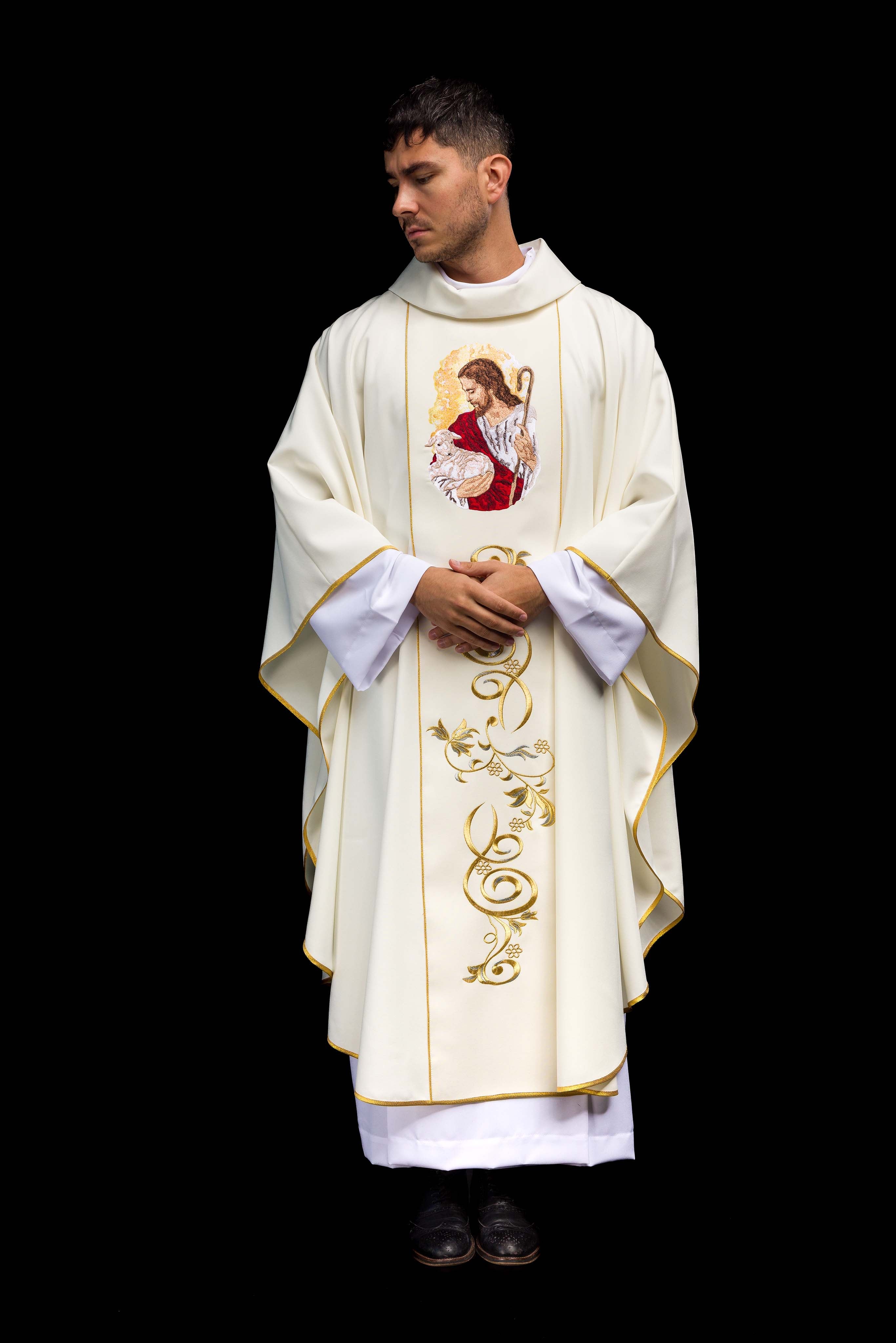 Casula creme com imagem de Jesus Bom Pastor