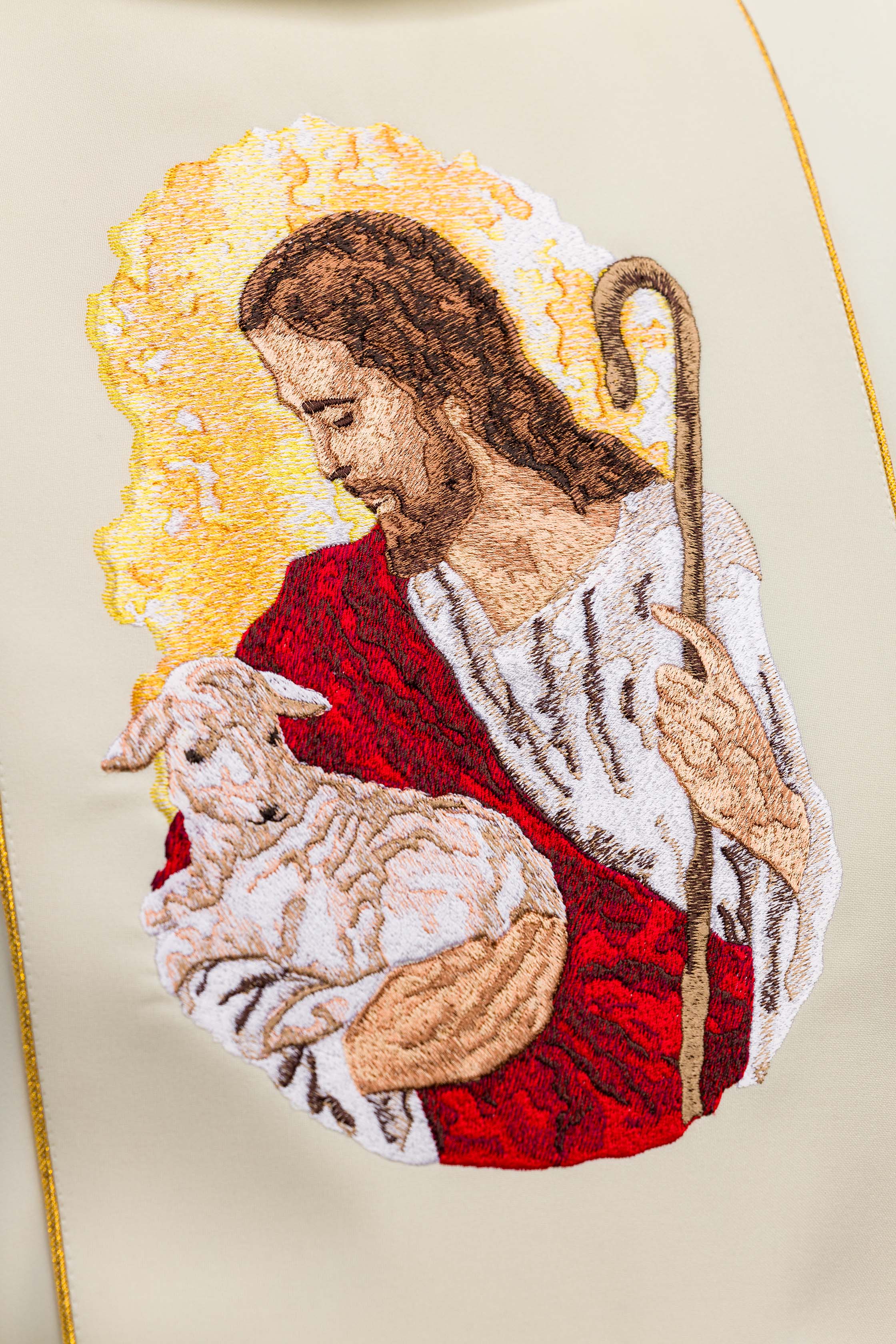 Casula creme com imagem de Jesus Bom Pastor