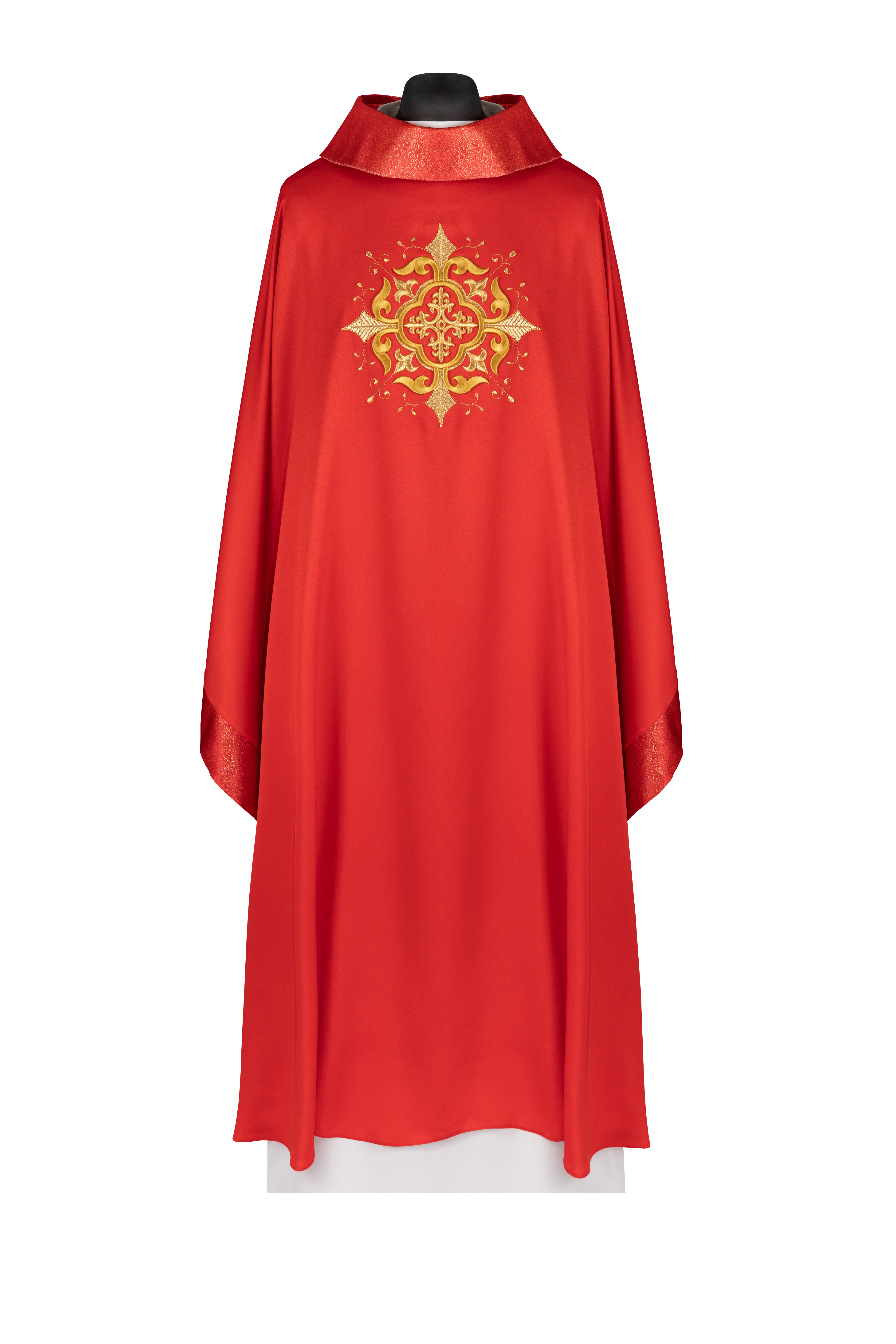 Casula litúrgica vermelha com bordado de cruz e acabamento dourado - chasubles.com.br