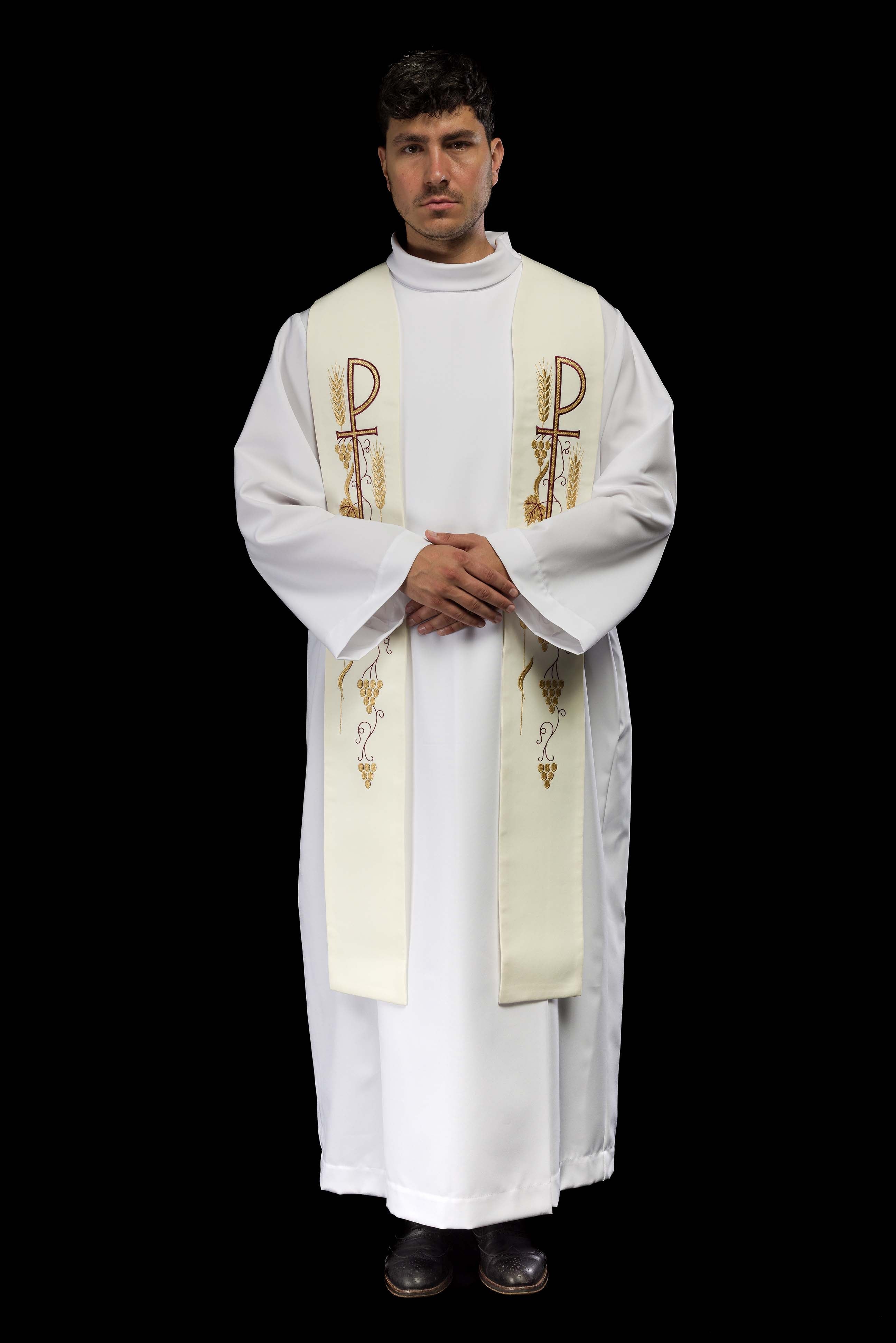 Estola sacerdotal bordada cruz com uvas creme