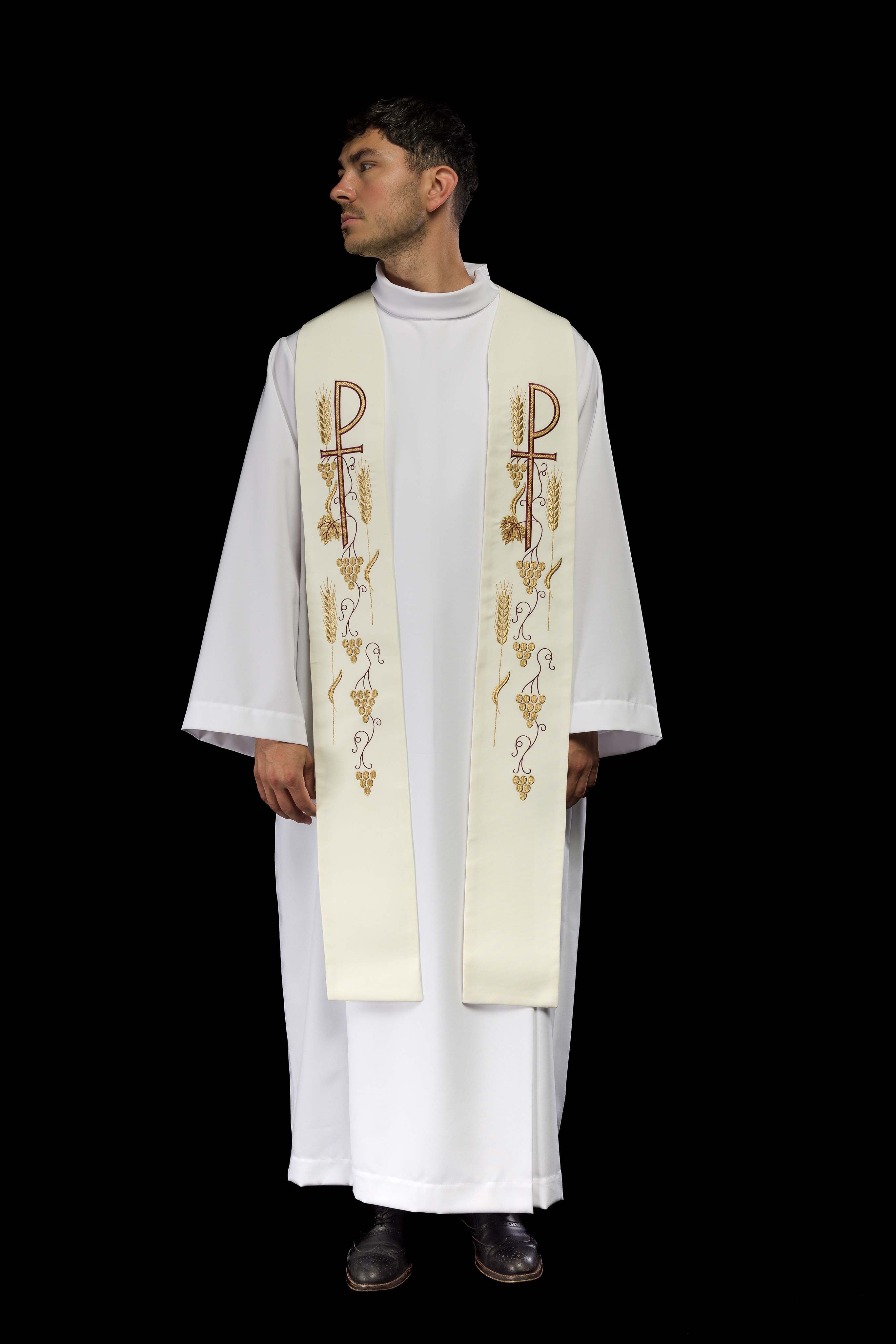 Estola sacerdotal bordada cruz com uvas creme