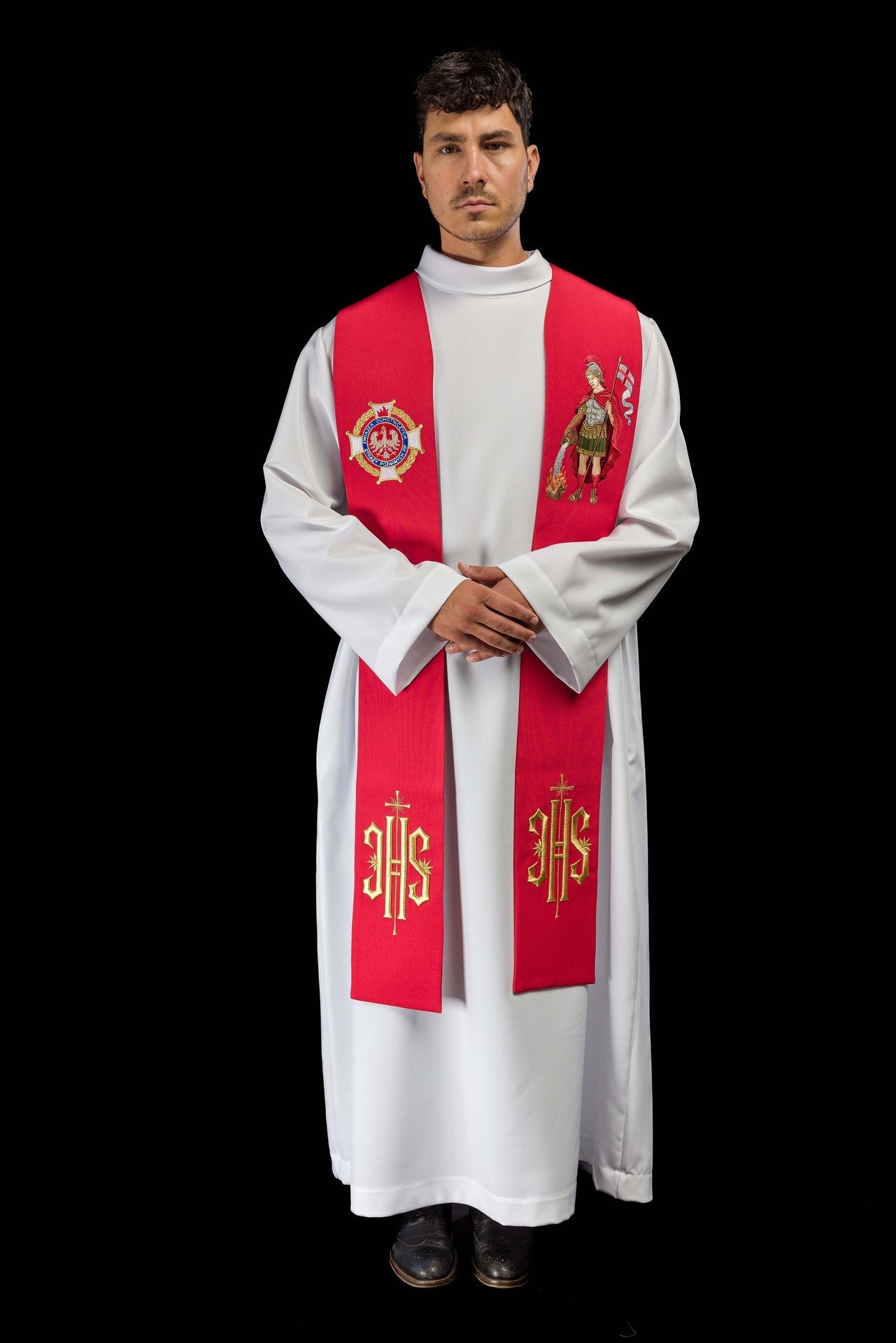 Estola bordada com imagem de São Floriano - chasubles.com.br