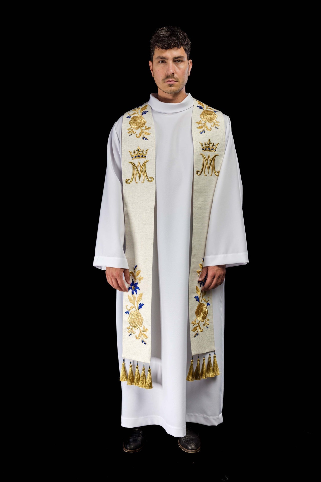 Estola bordada com símbolo mariano - chasubles.com.br