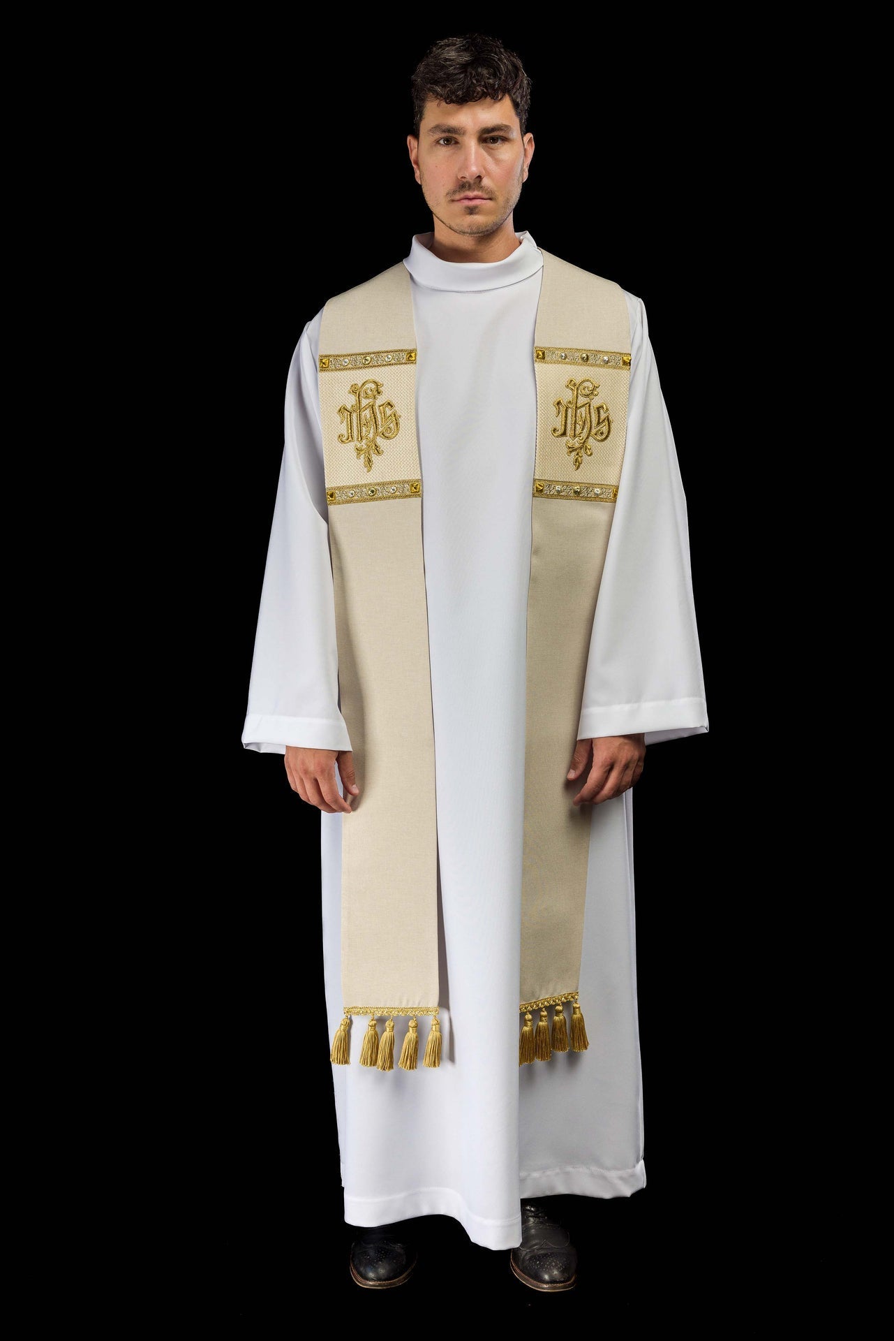 Estola bordada com motivo IHS creme - chasubles.com.br