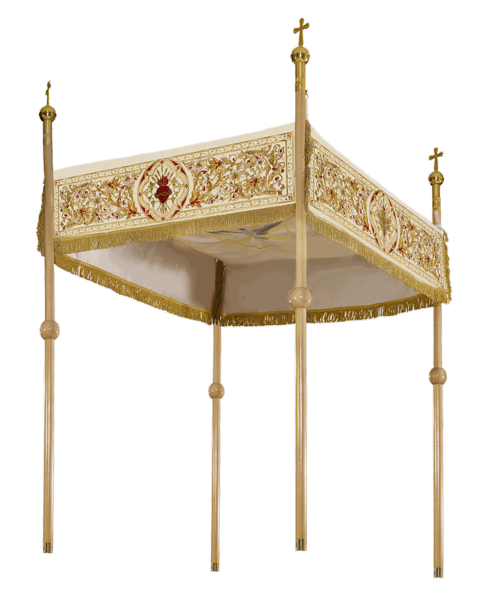 Pálio processional creme 140×160 cm com quatro varas processionais, franjas douradas e medalhões bordados Chi Rho, IHS, cálice e Sagrado Coração de Jesus
