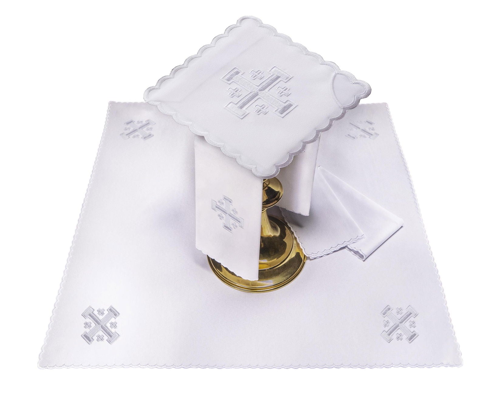 Conjunto de alfaias litúrgicas branco com bordado da Cruz de Jerusalém
