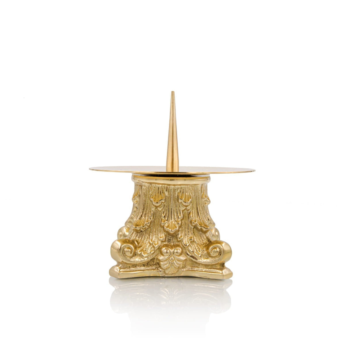 Castiçal de latão - 6 cm dourado, com base ornamentada e prato circular para vela