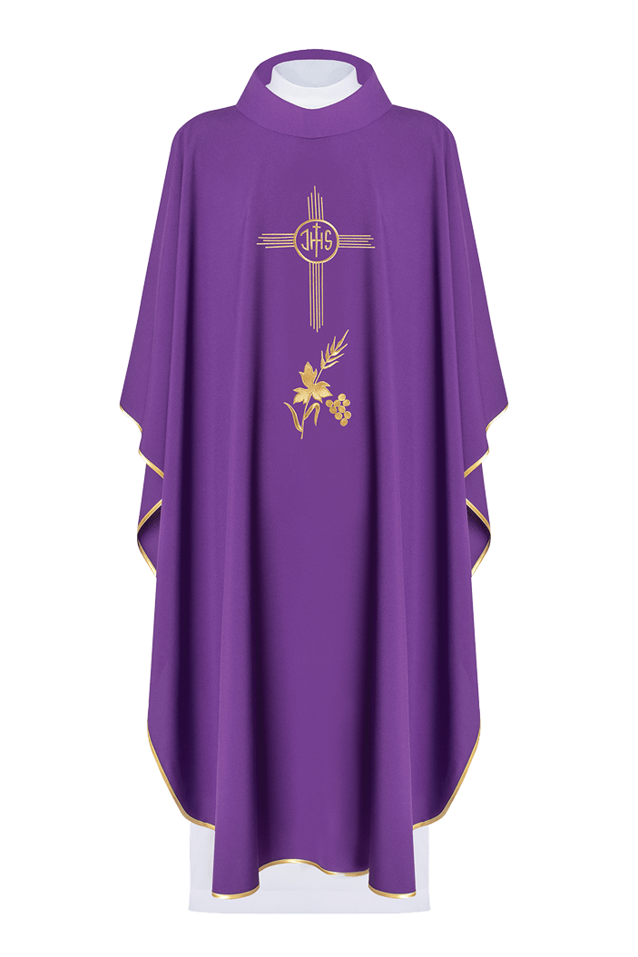 Casula roxa bordada com motivo IHS - chasubles.com.br