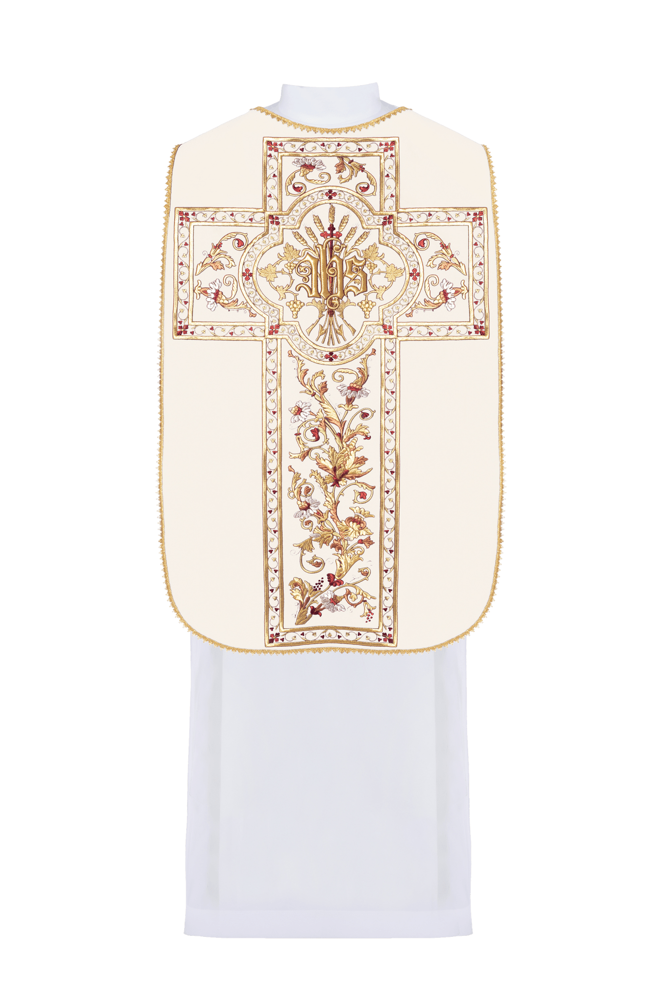 Casula romana bordada com motivo IHS - chasubles.com.br