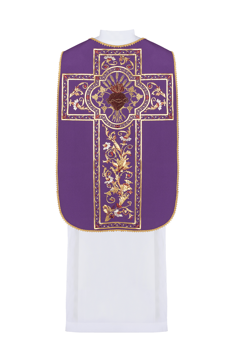 Casula romana roxa bordada com o motivo do Sagrado Coração de Jesus Cristo