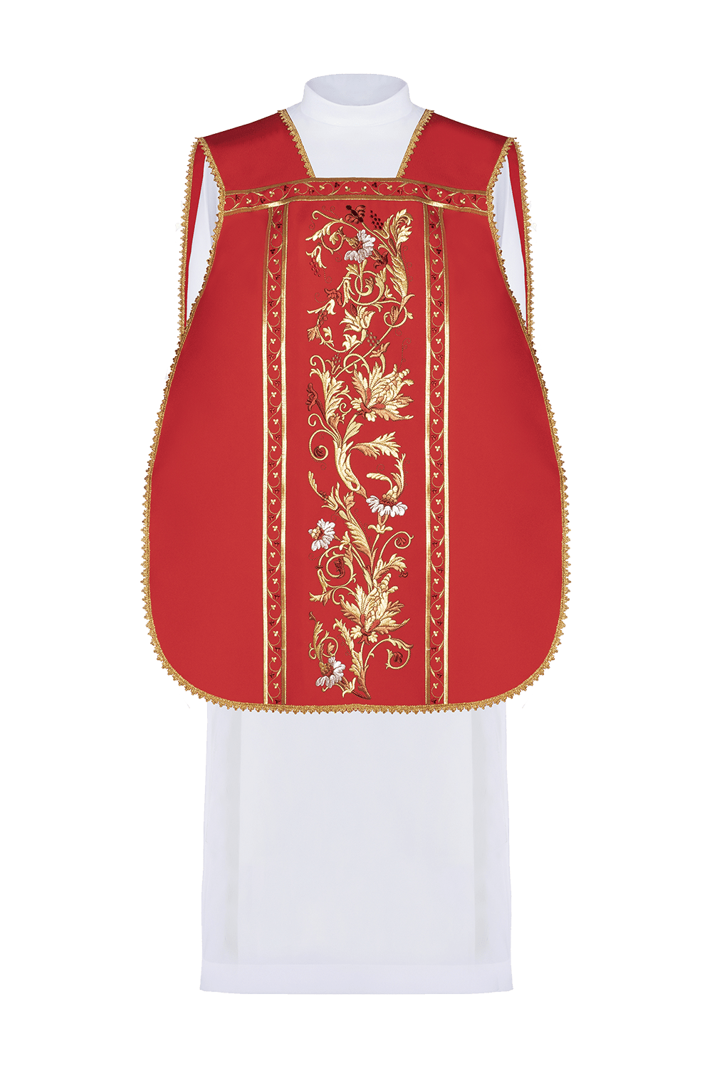 Casula romana vermelha bordada com motivo IHS - chasubles.com.br