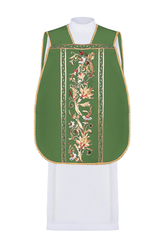 Casula romana verde bordada com motivo IHS - chasubles.com.br