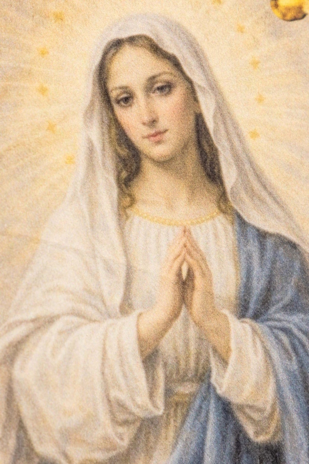 Estandarte azul, detalhe impresso de Nossa Senhora da Imaculada Conceição