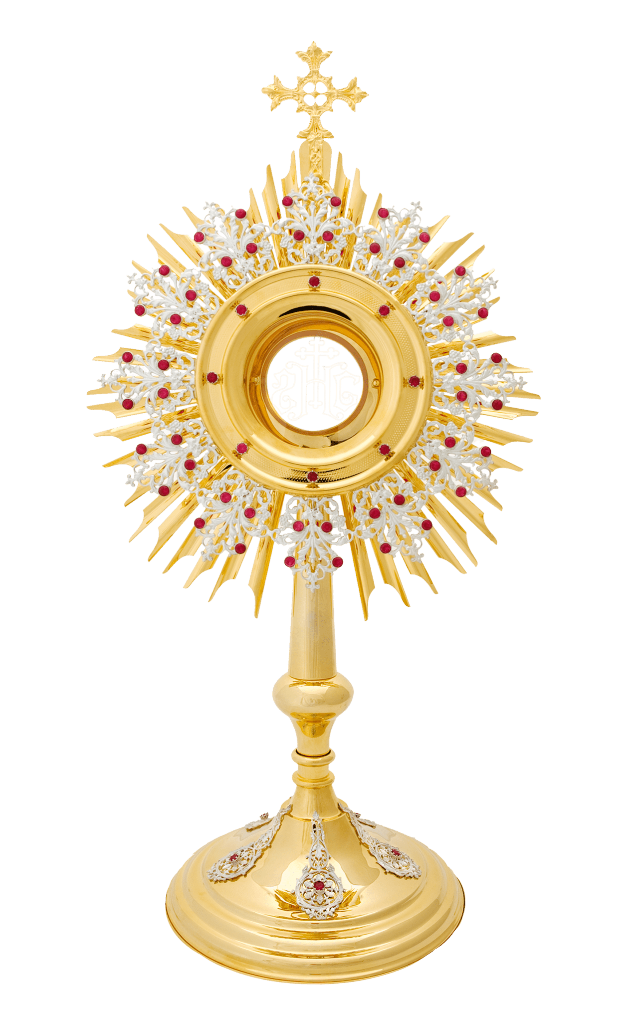 Ostensório de latão dourado feito à mão, adornado com rubis