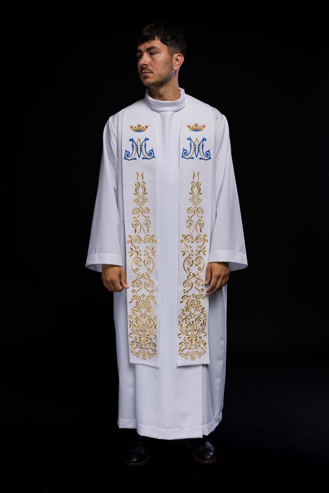 Estola sacerdotal branca mariana bordada