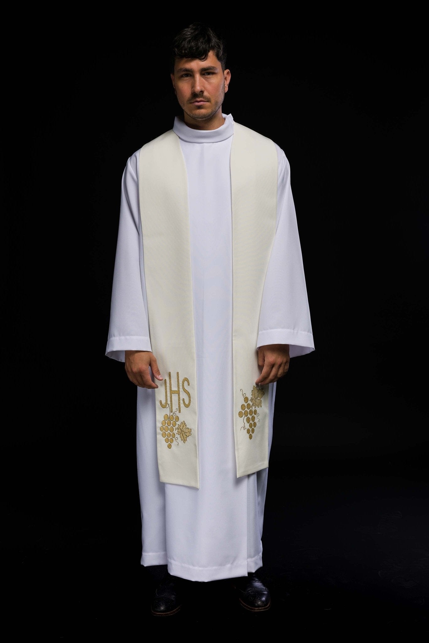 Estola sacerdotal bordada IHS com uvas creme