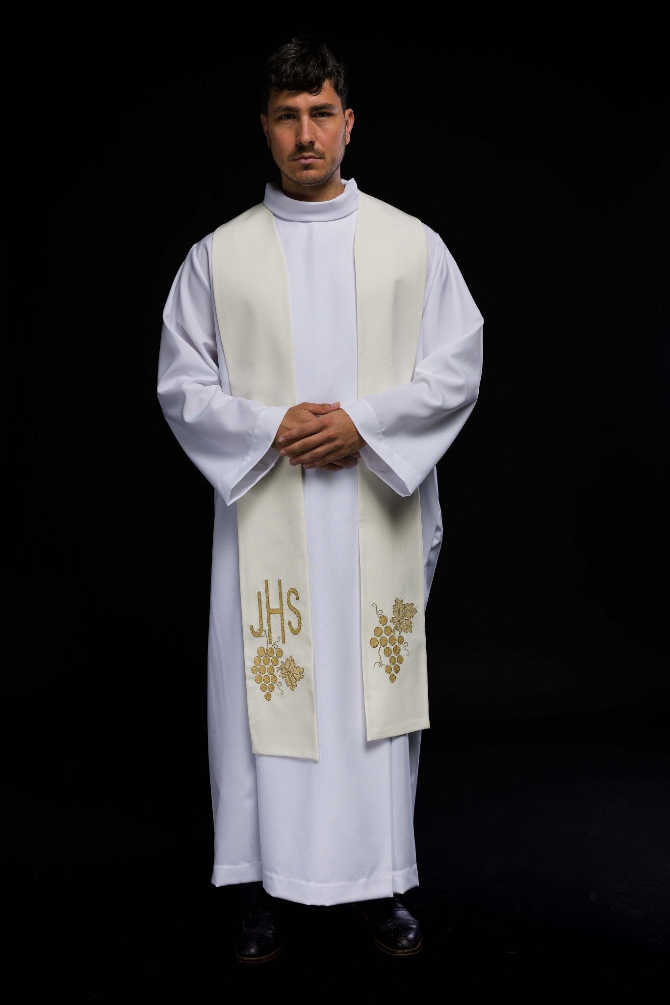 Estola sacerdotal bordada IHS com uvas creme