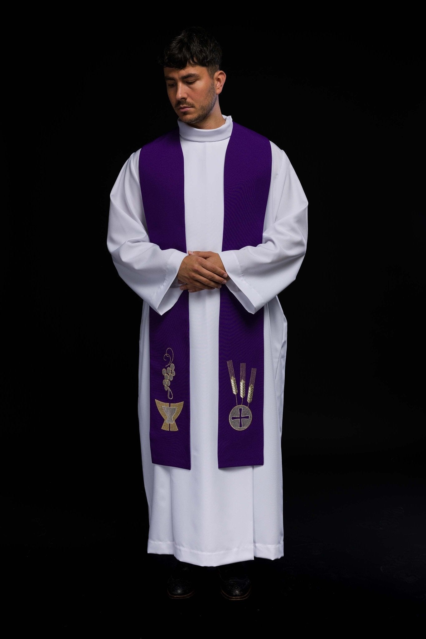 Estola sacerdotal roxa bordada Cálice, Espigas e Uvas