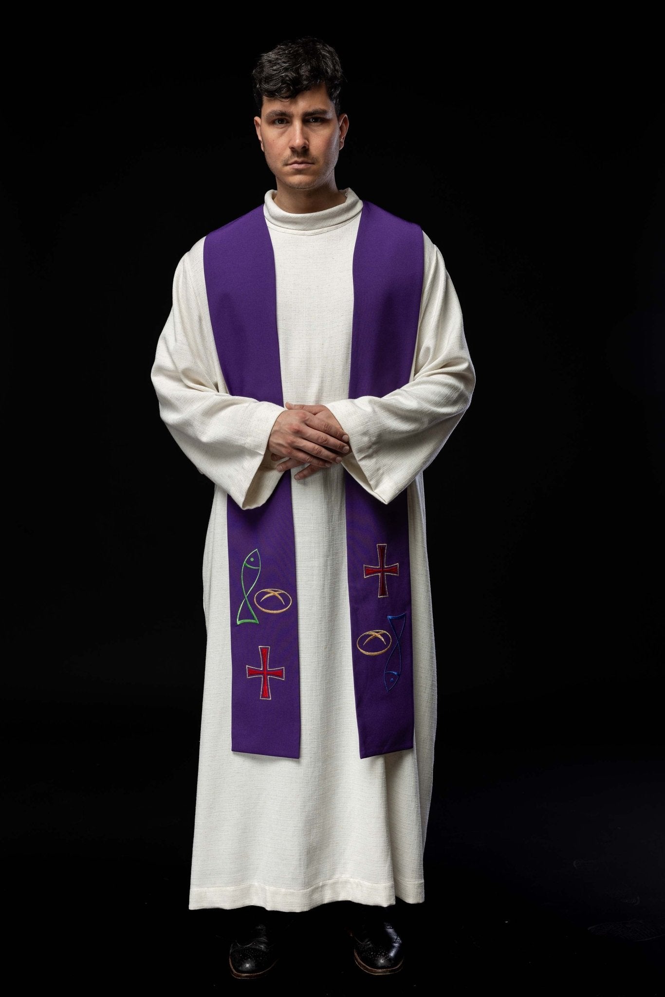 Estola sacerdotal roxa com bordado de Peixe, Pão e Cruz