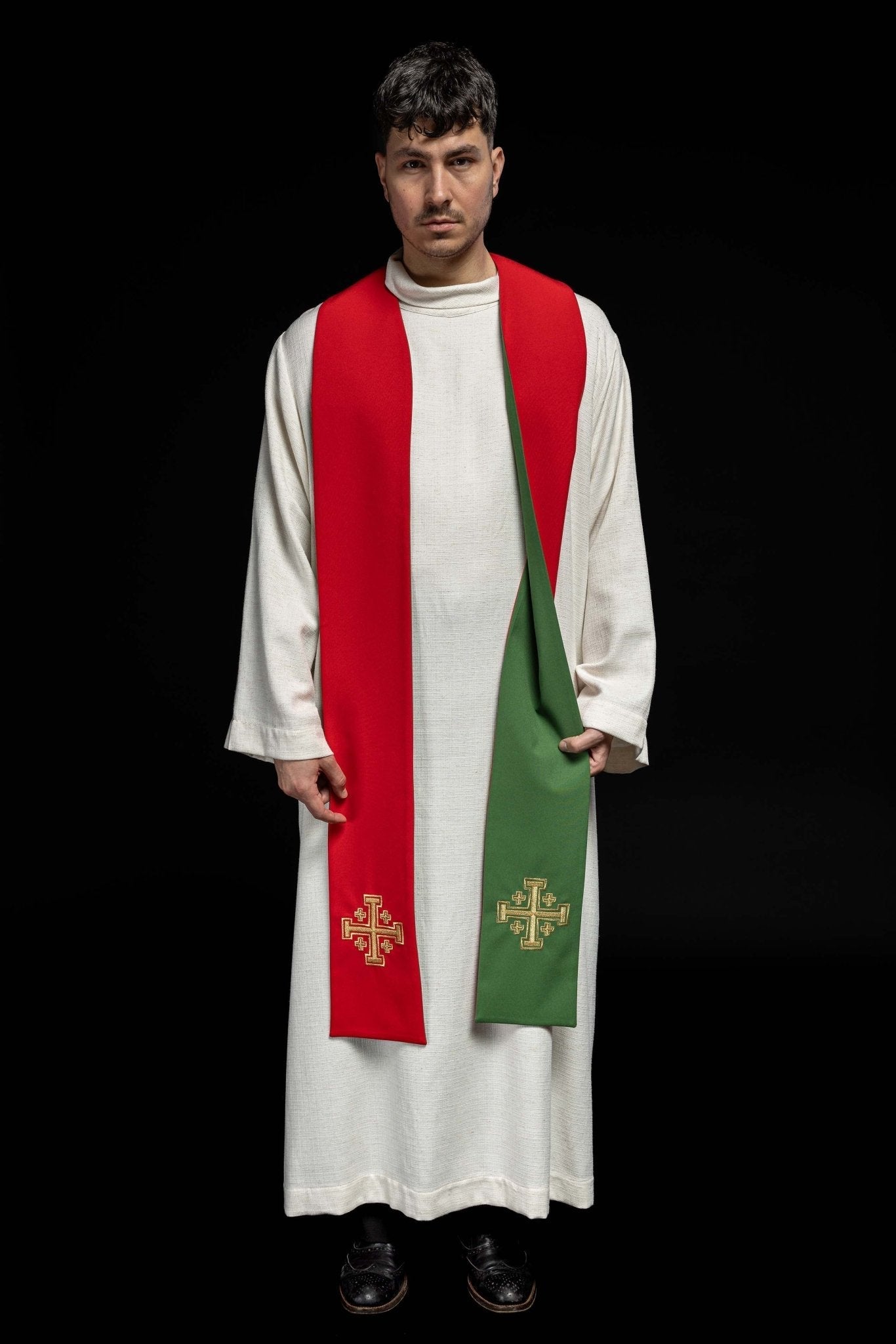 Estola sacerdotal reversível bordada verde e vermelha Cruz de Jerusalém