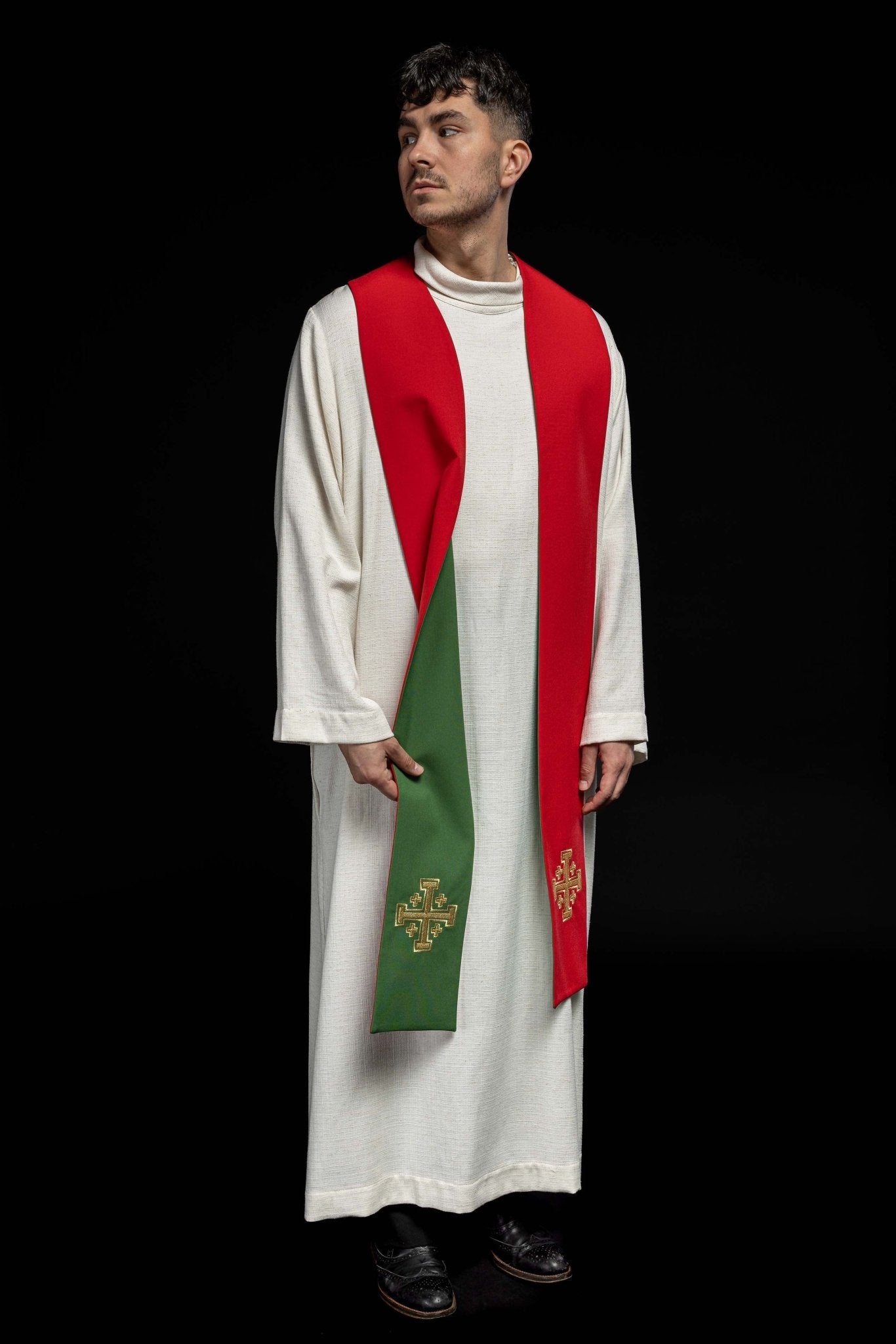 Estola sacerdotal reversível bordada verde e vermelha Cruz de Jerusalém