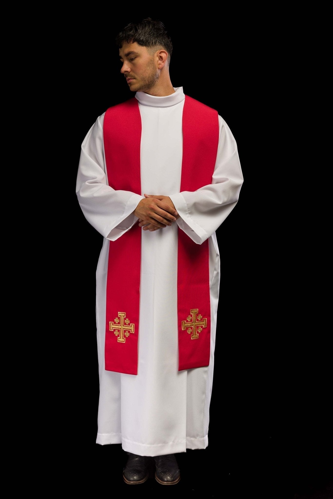 Estola sacerdotal vermelha bordada Cruz de Jerusalém
