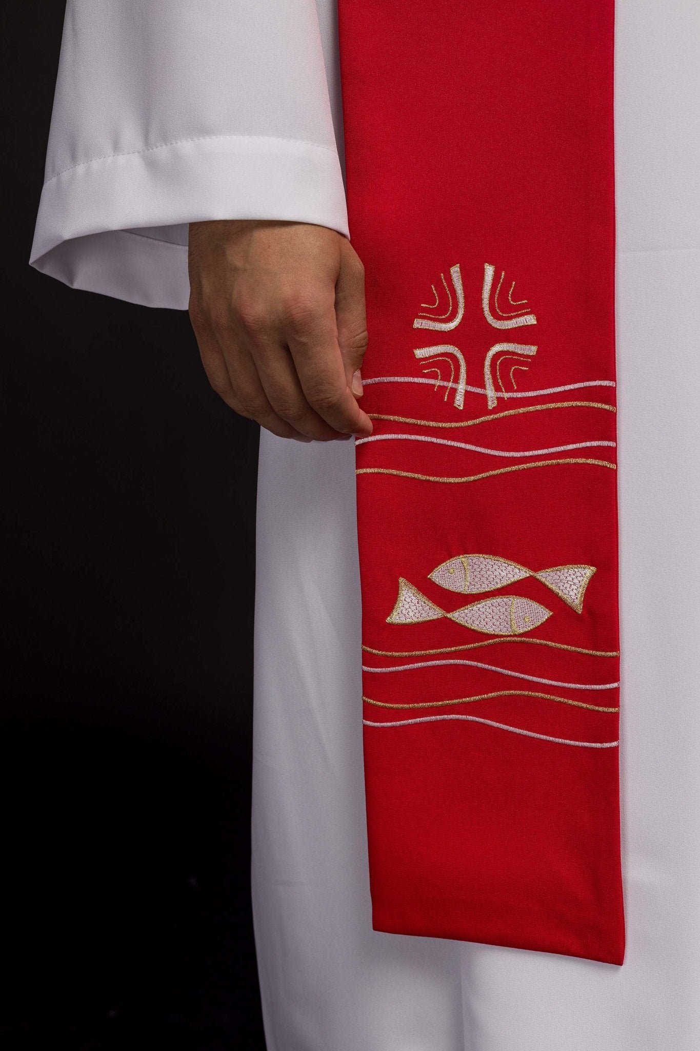 Estola sacerdotal bordada Alfa e Ômega vermelha