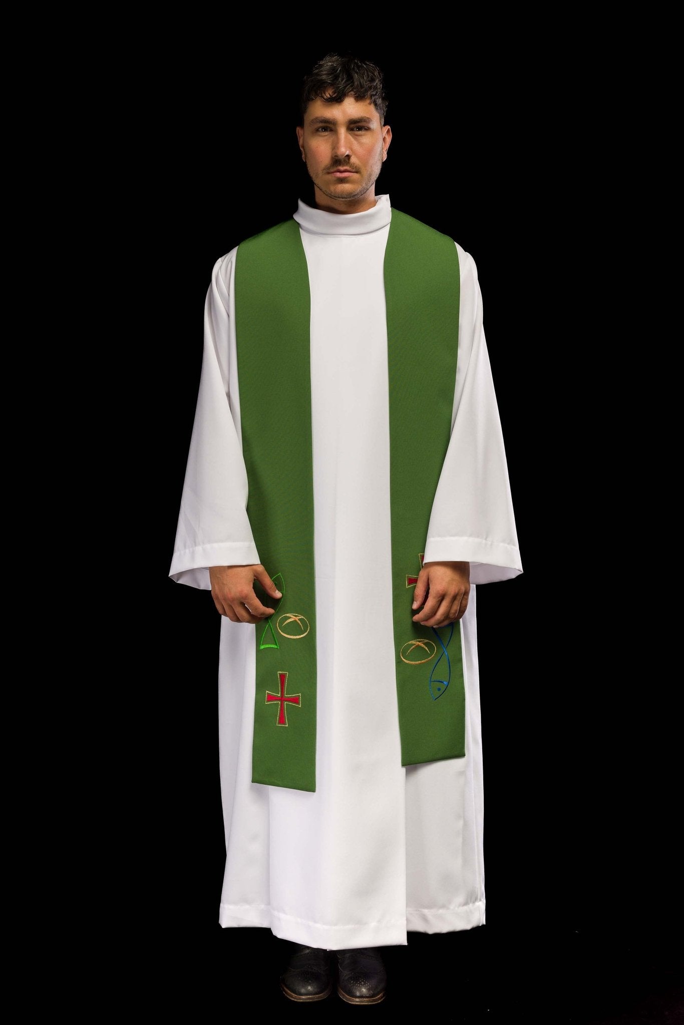 Estola sacerdotal verde bordada com motivo de Peixe, Pão e Cruz