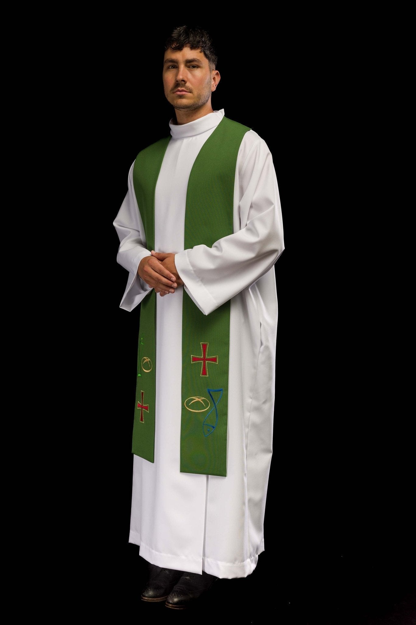 Estola sacerdotal verde bordada com motivo de Peixe, Pão e Cruz
