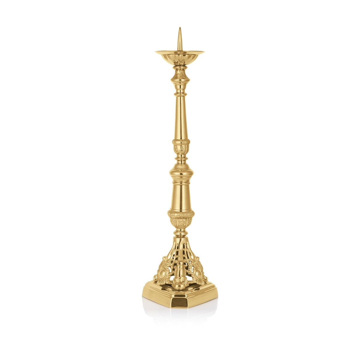 Castiçal de latão - 64 cm dourado, vista frontal com base ornamentada e haste decorada