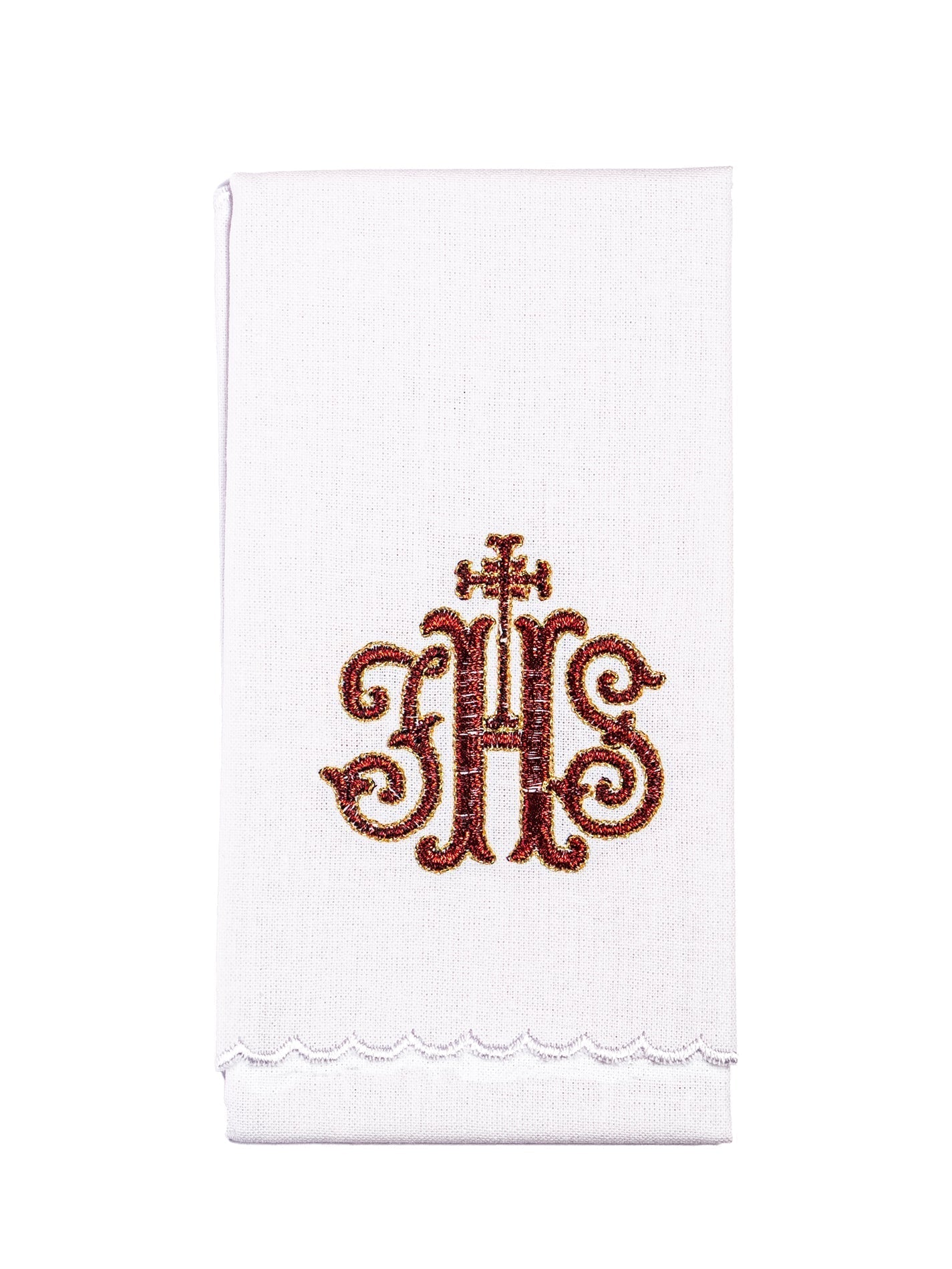 Conjunto de alfaias litúrgicas branco com bordado IHS em vermelho e dourado, incluindo pala, corporal, sanguíneo e manutérgio.