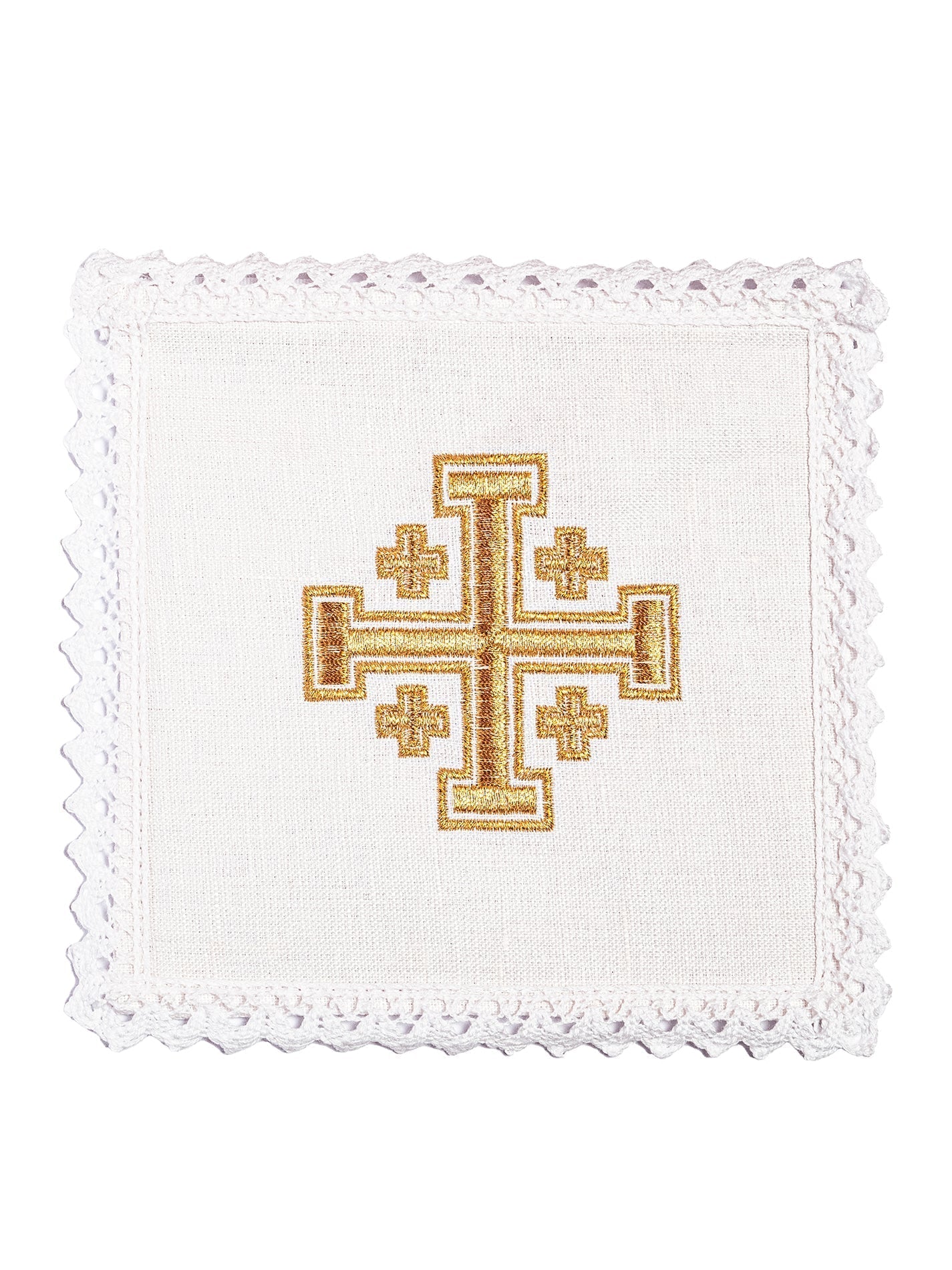 Conjunto de alfaias litúrgicas em linho com bordado da Cruz de Jerusalém