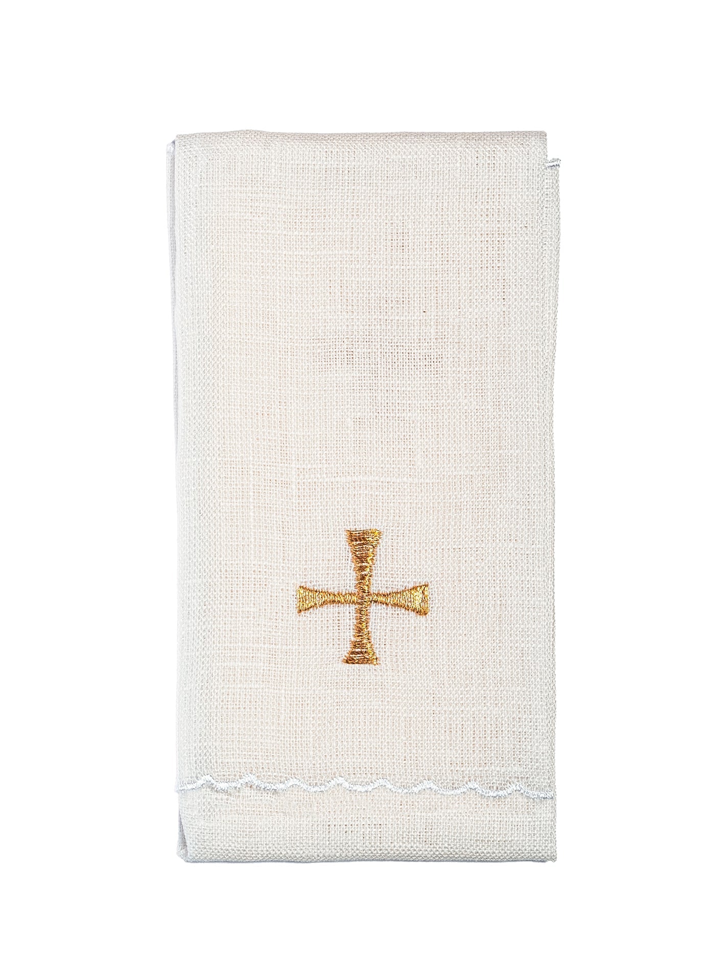 Conjunto de alfaias litúrgicas em linho branco, bordado com a Sagrada Família e cruzes douradas, para o Natal.