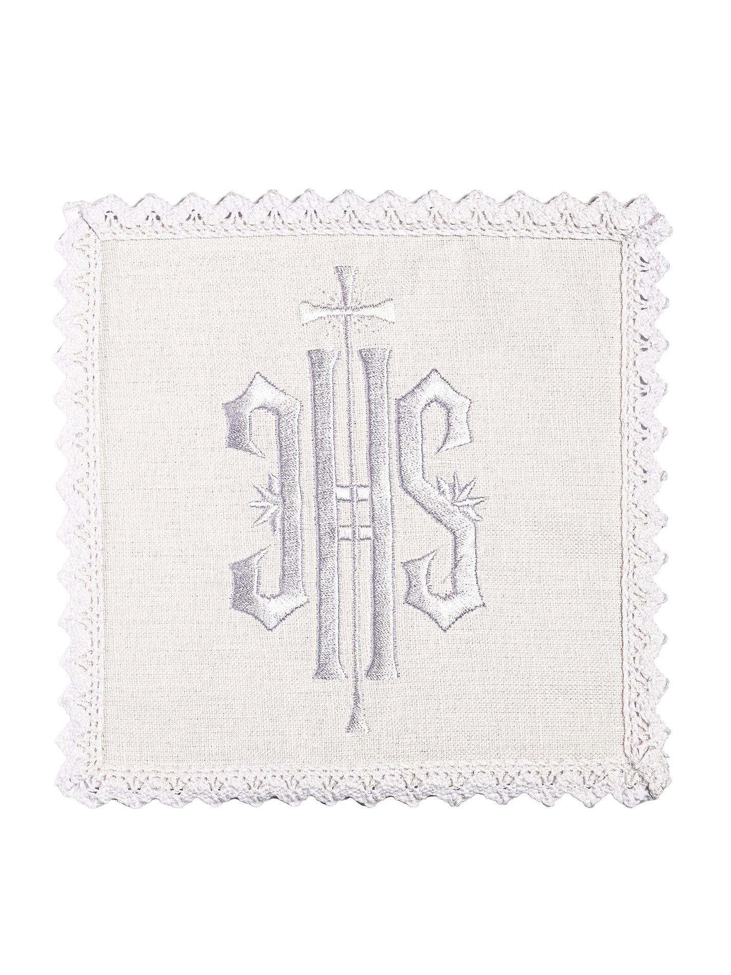 Conjunto de alfaias litúrgicas em linho com bordado IHS branco