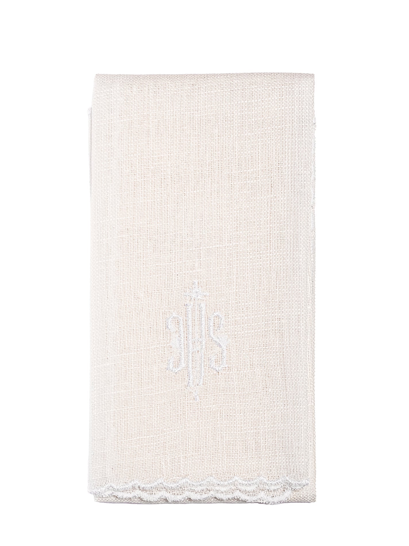 Conjunto de alfaias litúrgicas em linho com bordado IHS branco
