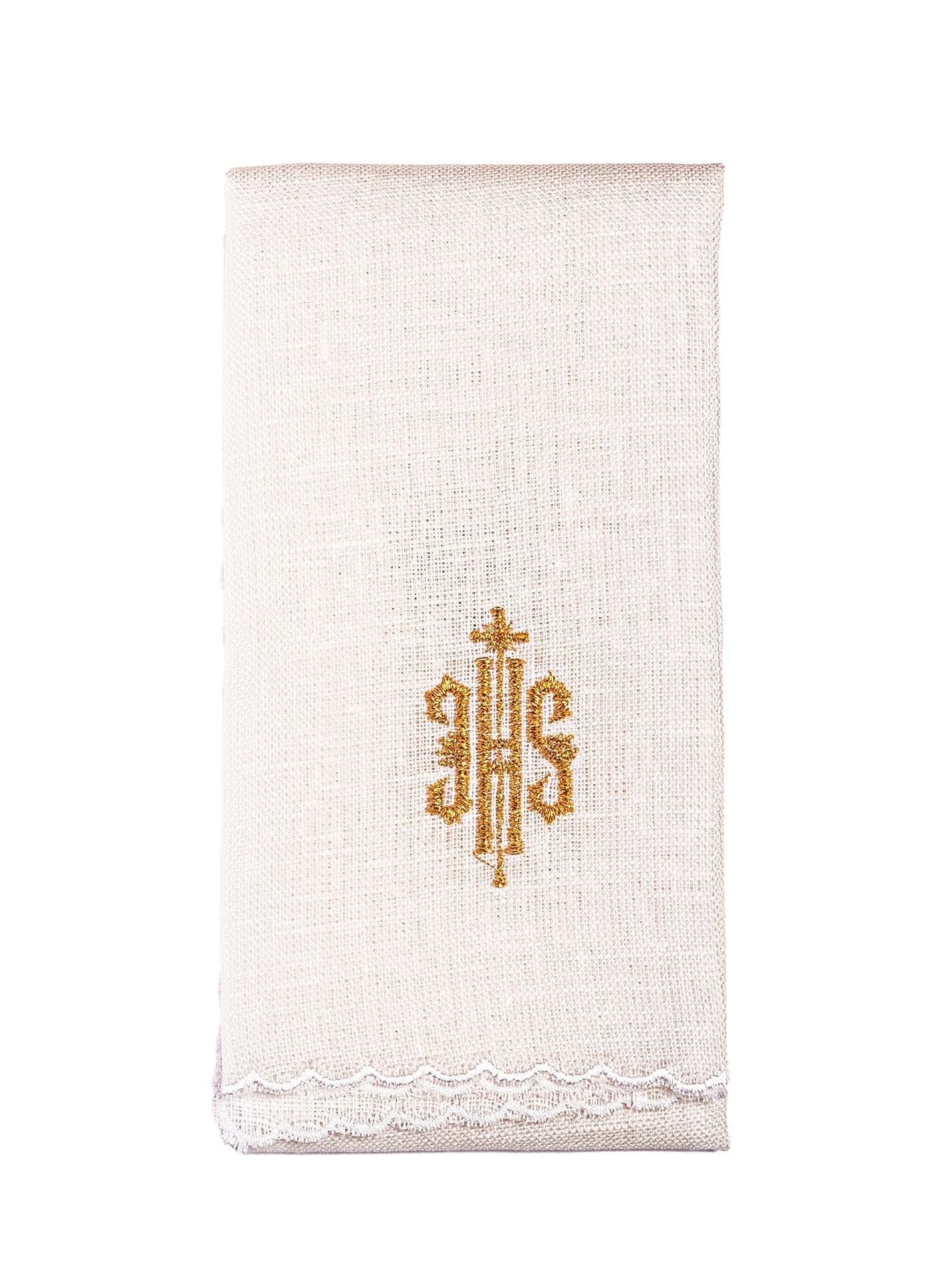Conjunto de alfaias litúrgicas em linho branco, bordado com o símbolo IHS dourado.