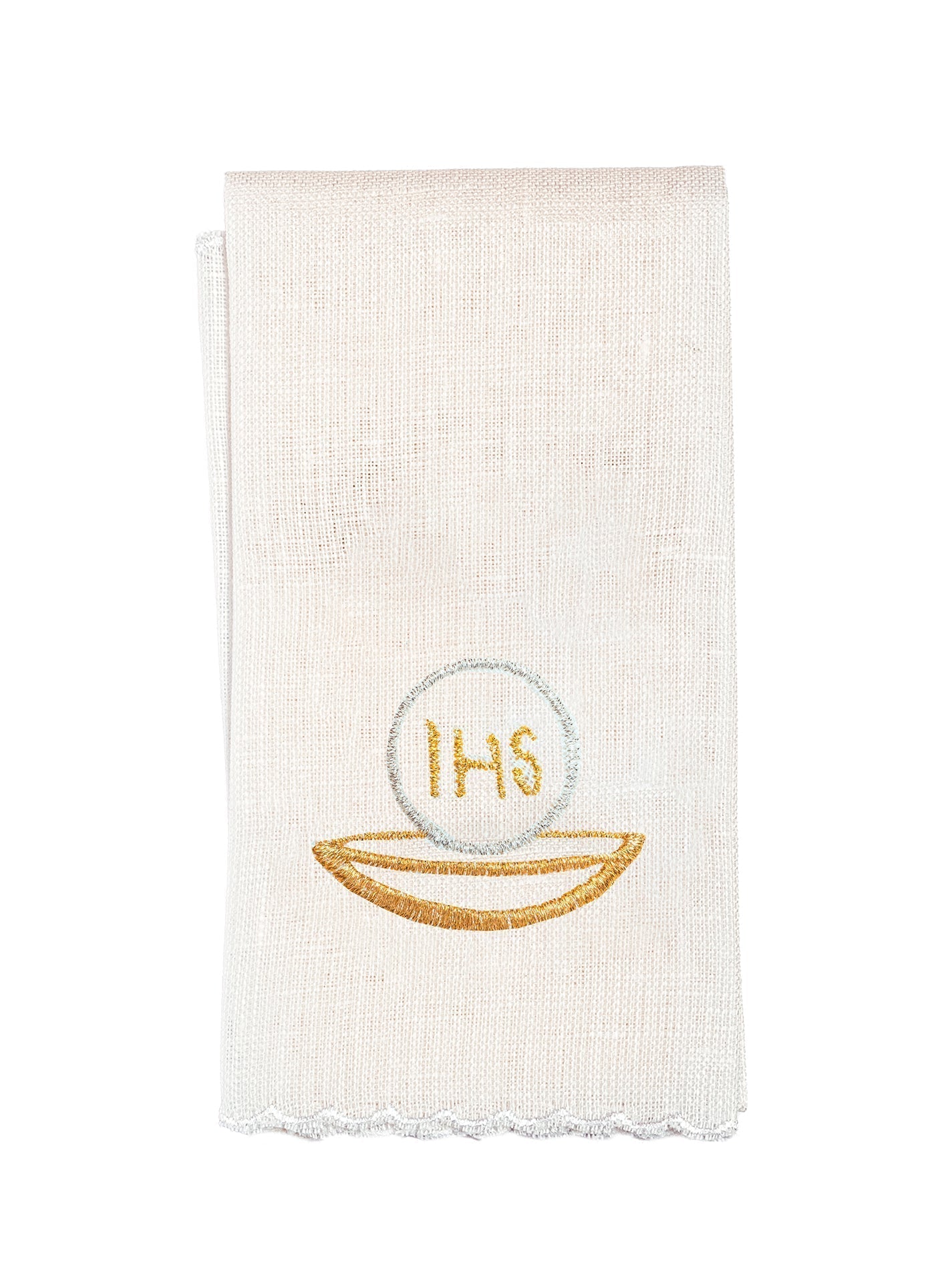 Conjunto de alfaias litúrgicas em linho branco com bordado dourado de cálice e hóstia