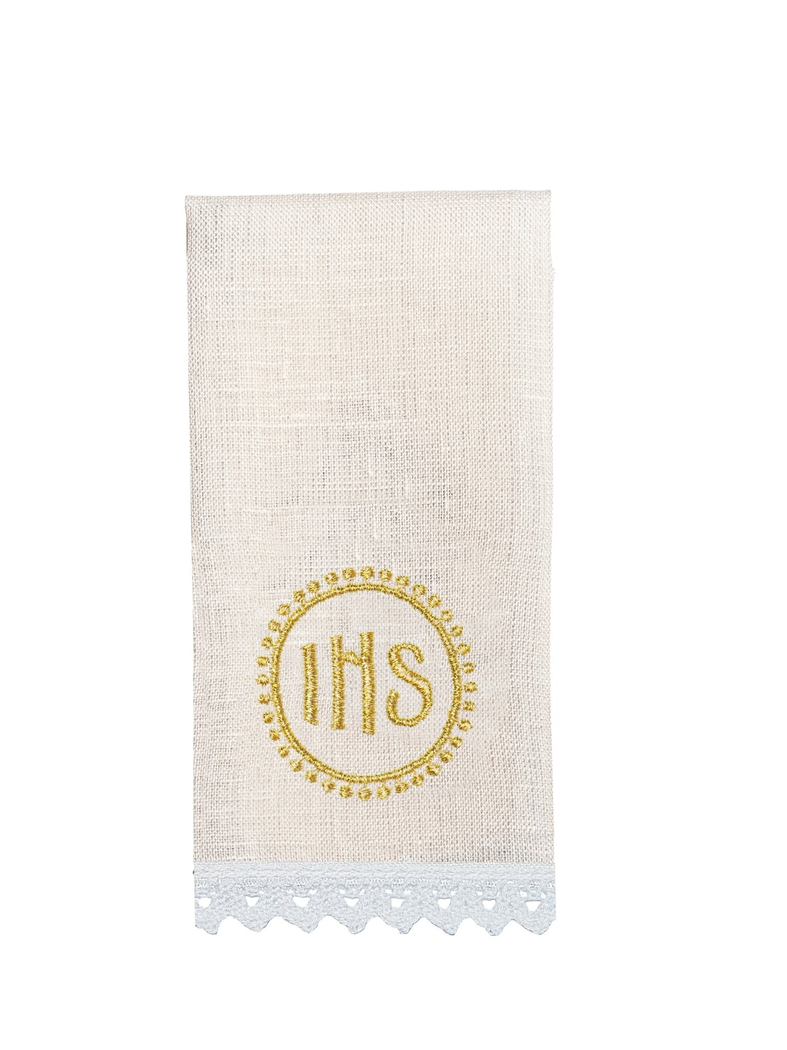 Conjunto de alfaias litúrgicas ricamente bordado com o motivo IHS