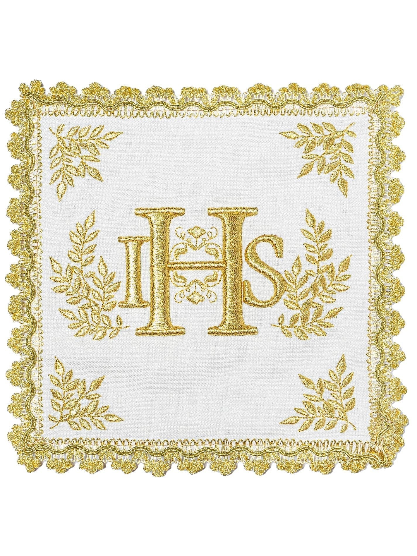 Conjunto de alfaias litúrgicas ricamente bordado com motivo IHS