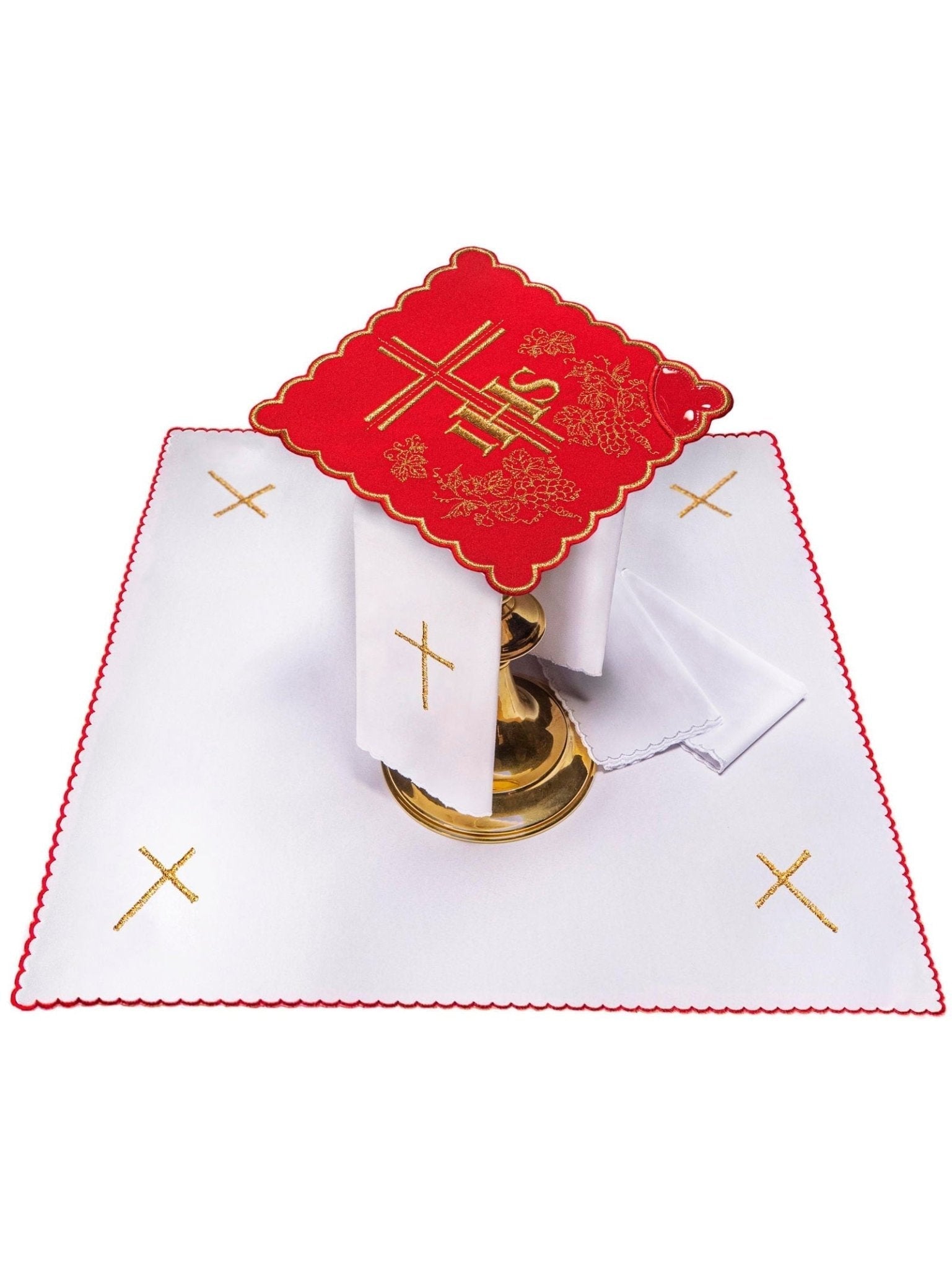 Conjunto de alfaias litúrgicas branco com bordado IHS dourado