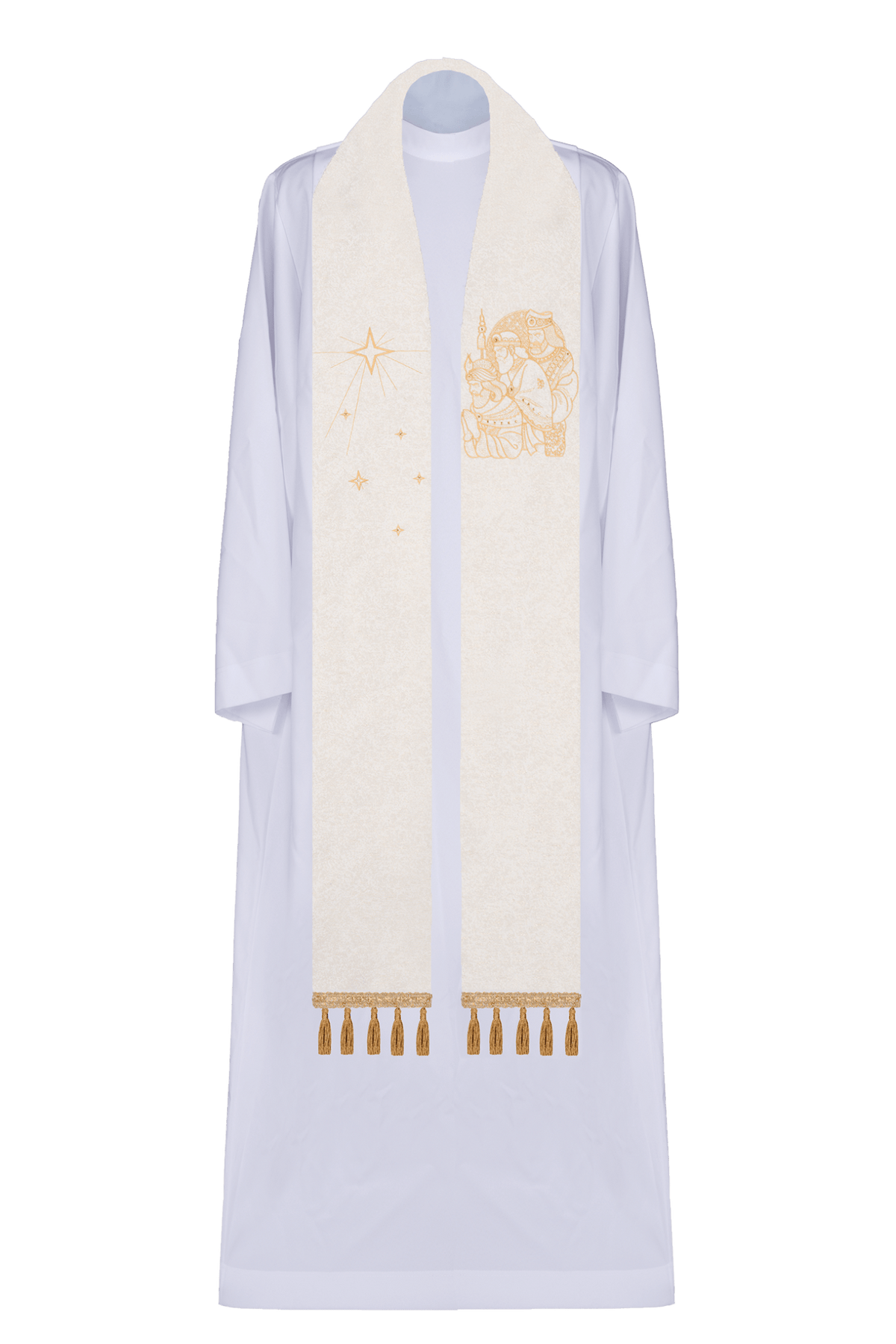 Estola sacerdotal bordada com o motivo dos Três Reis Magos, em tom marfim e dourado, vista frontal