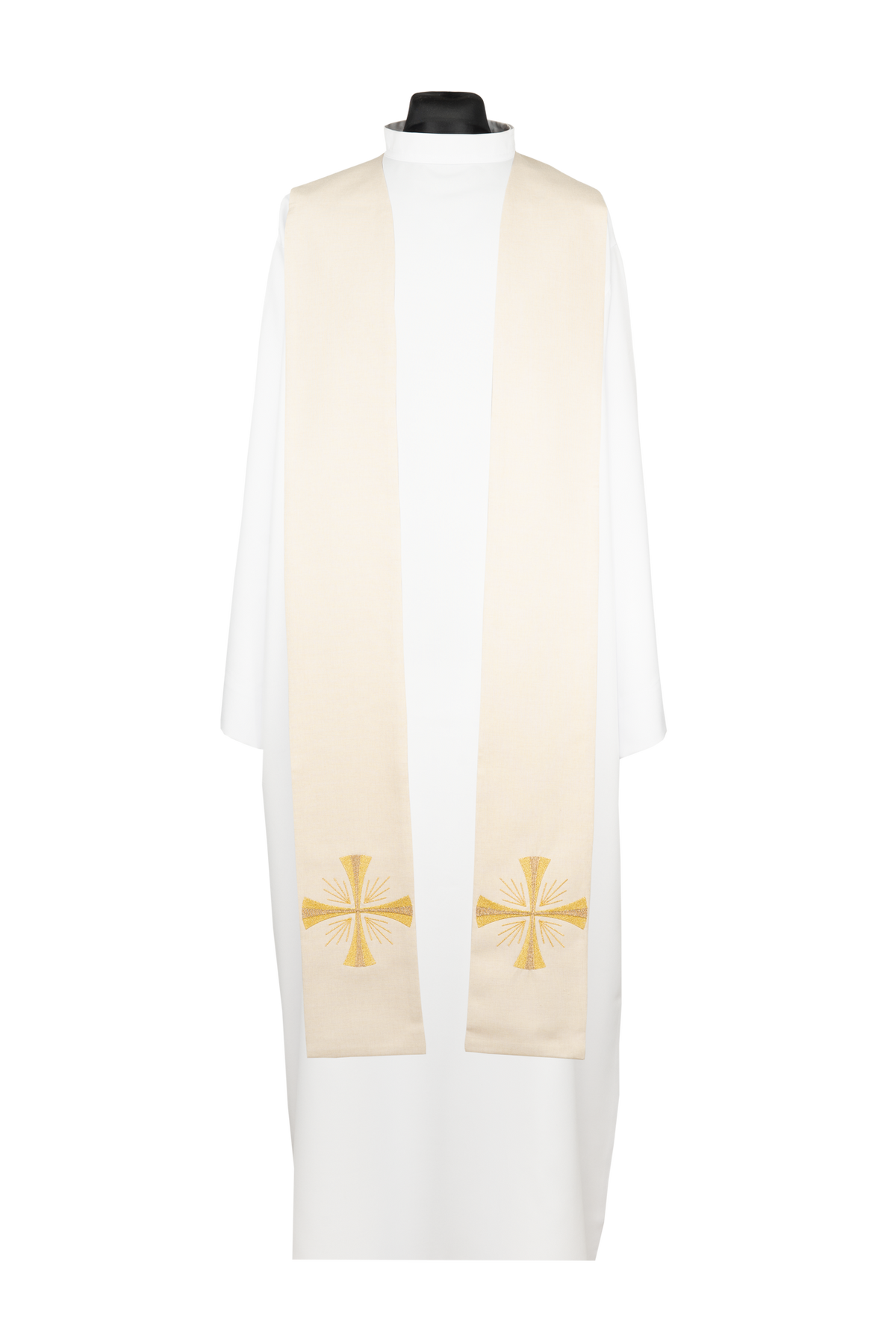 Estola sacerdotal bordada cruz creme, vista frontal com duas cruzes douradas bordadas